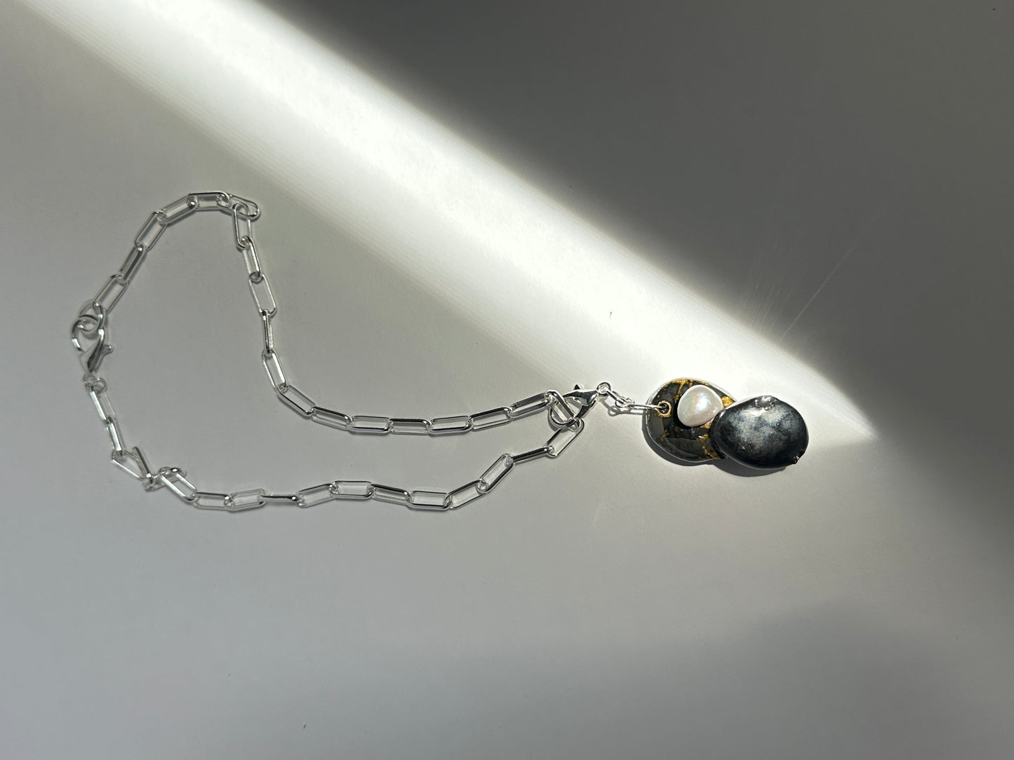 Stacked Ceramic Cobbles & Baroque Pearl Pendant on Silver Paperclip Chain