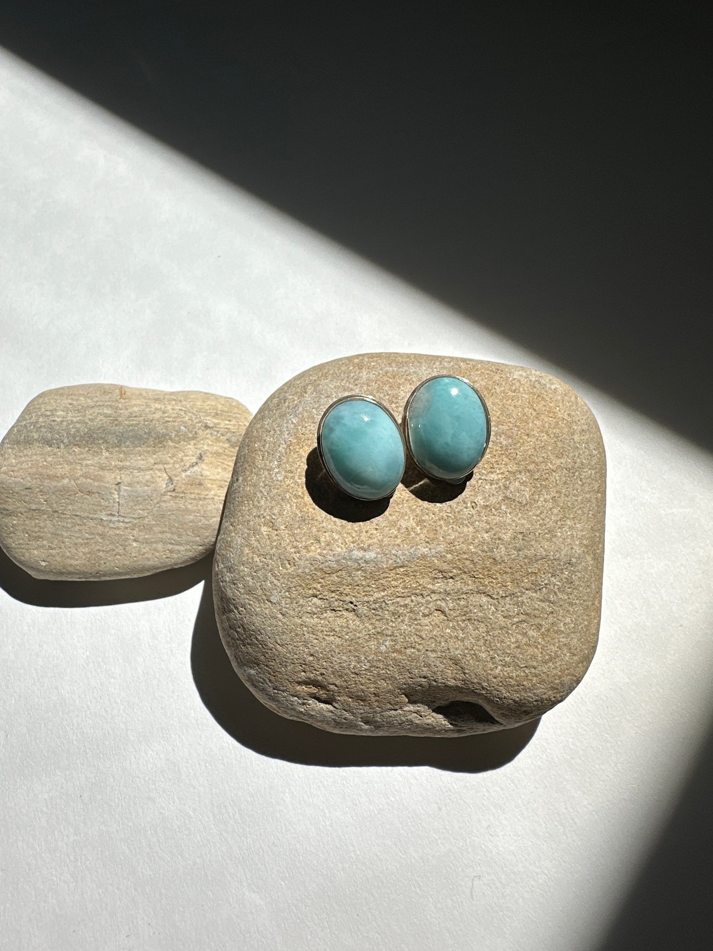 Vintage Larimar Oval Cabochon Sterling Silver Stud Earrings