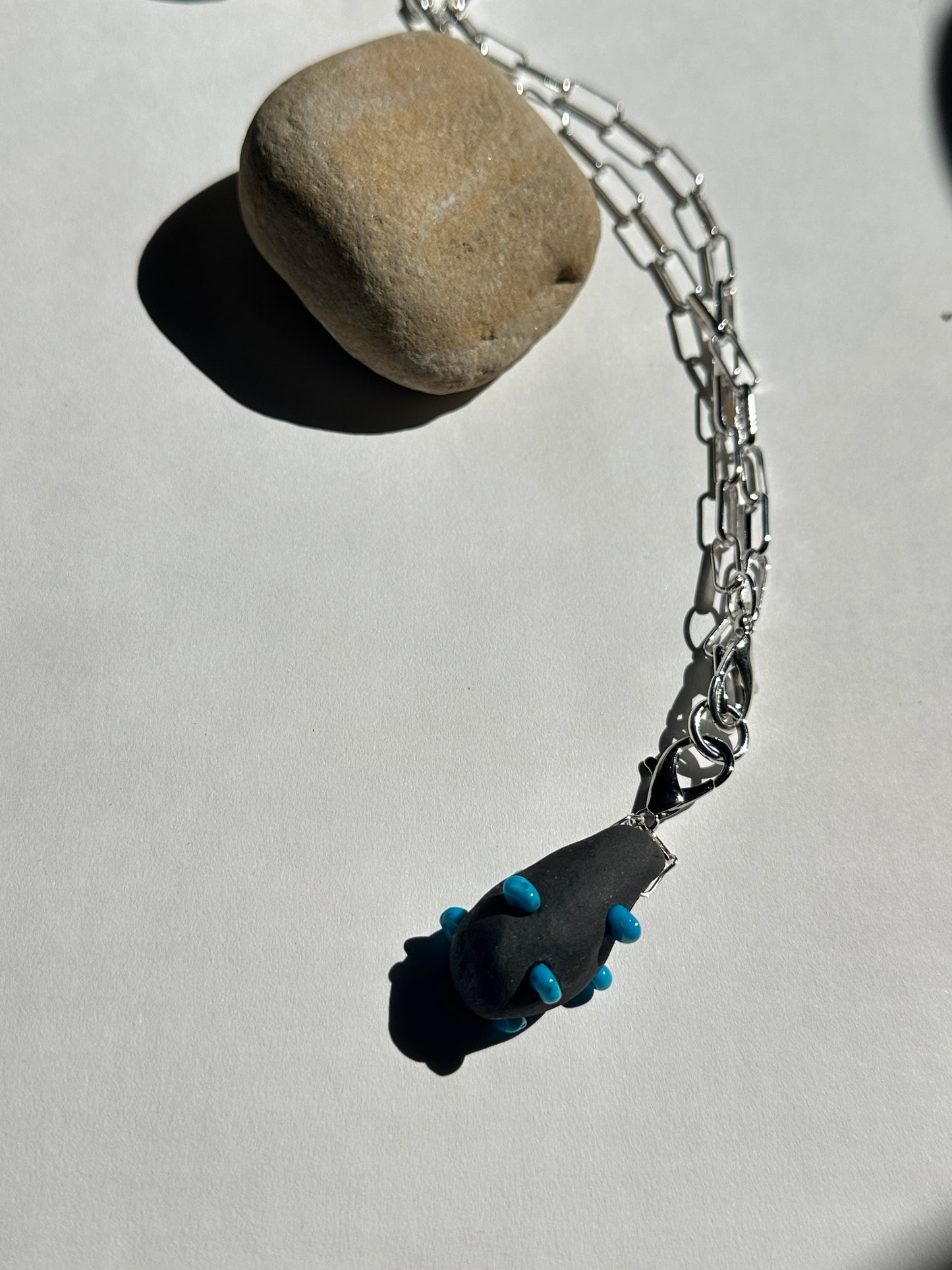 Black Ceramic Form & Turquoise Stone Pendant on Silver Paperclip Chain