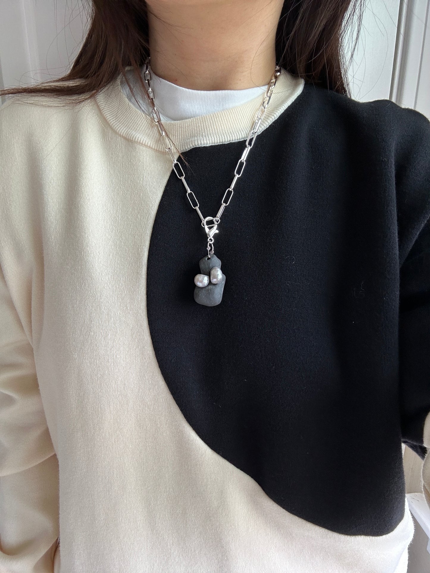 Black Ceramic Form & Pearl Pendant on Silver Paperclip Chain