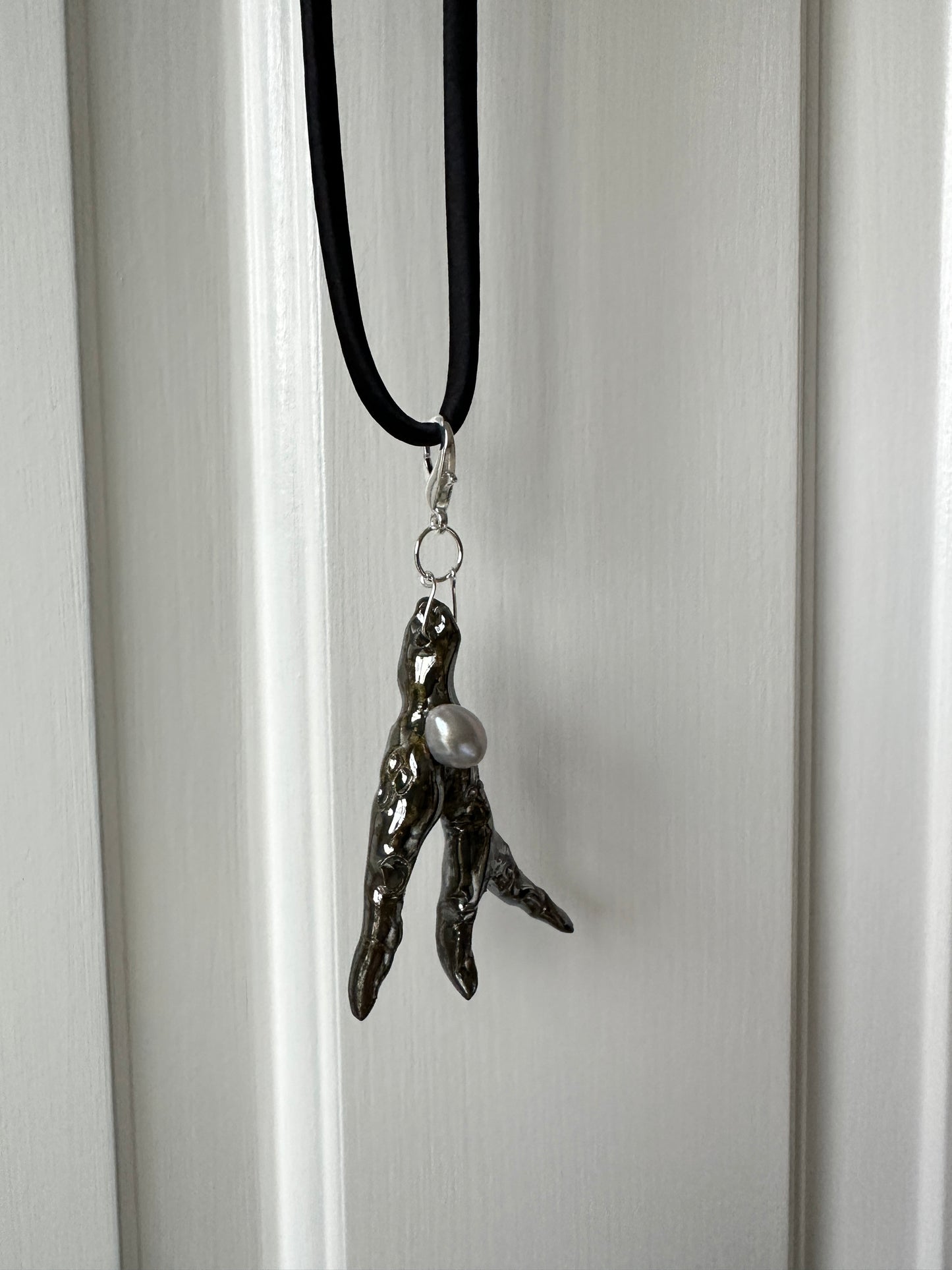 Ceramic Chrome Metalic Driftwood Pendant Necklace With Baroque Pearl on Black Silk Cord