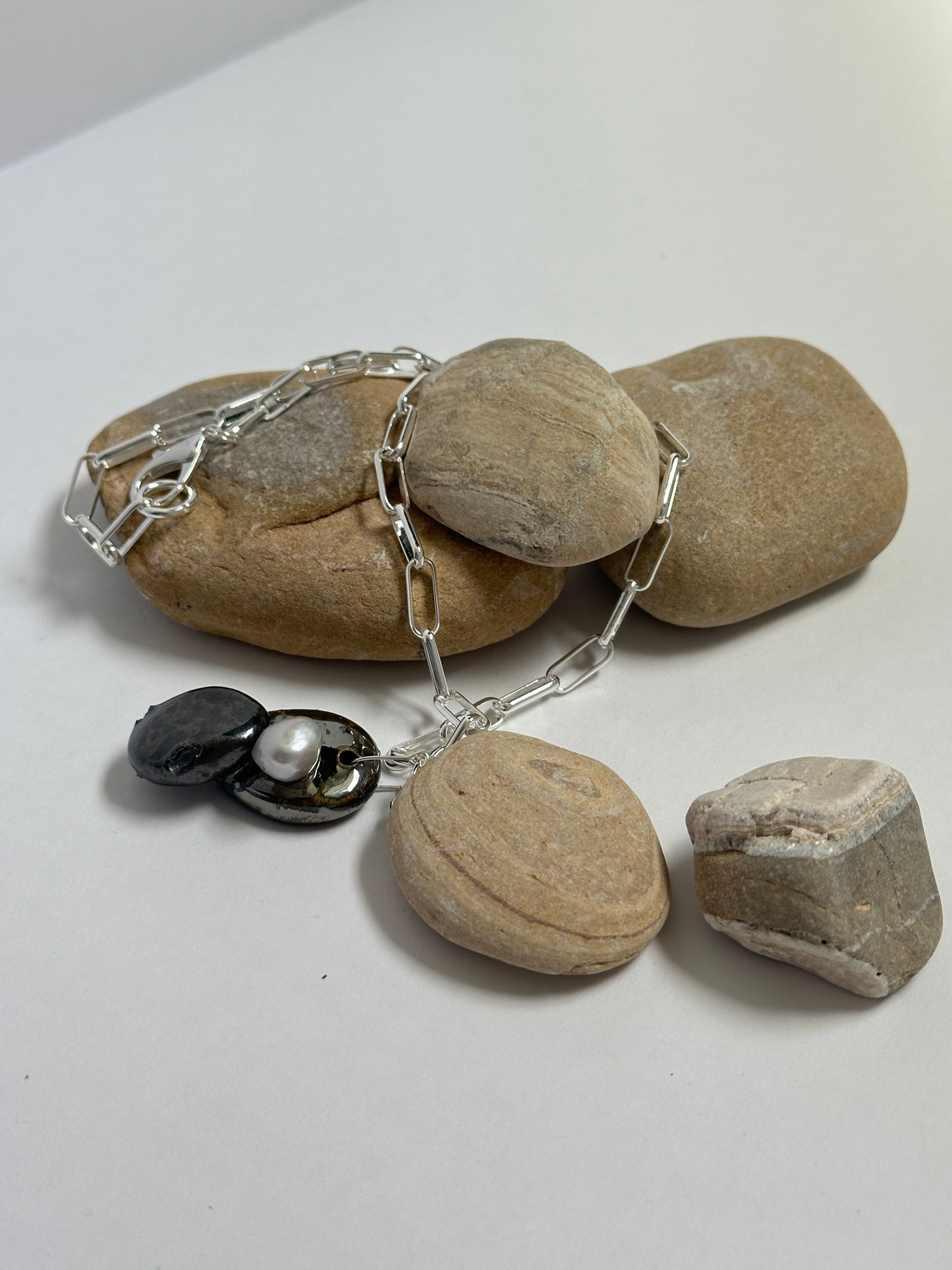 Stacked Ceramic Cobbles & Baroque Pearl Pendant on Silver Paperclip Chain