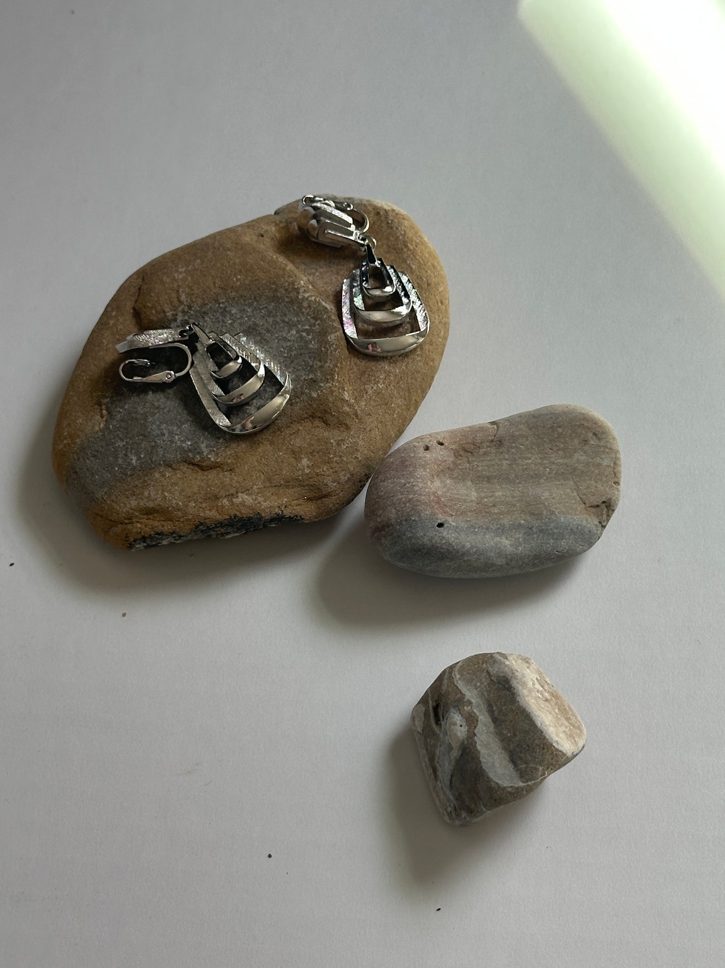 Vintage Nested Trapeze Drop Clip-On Earrings in Silver