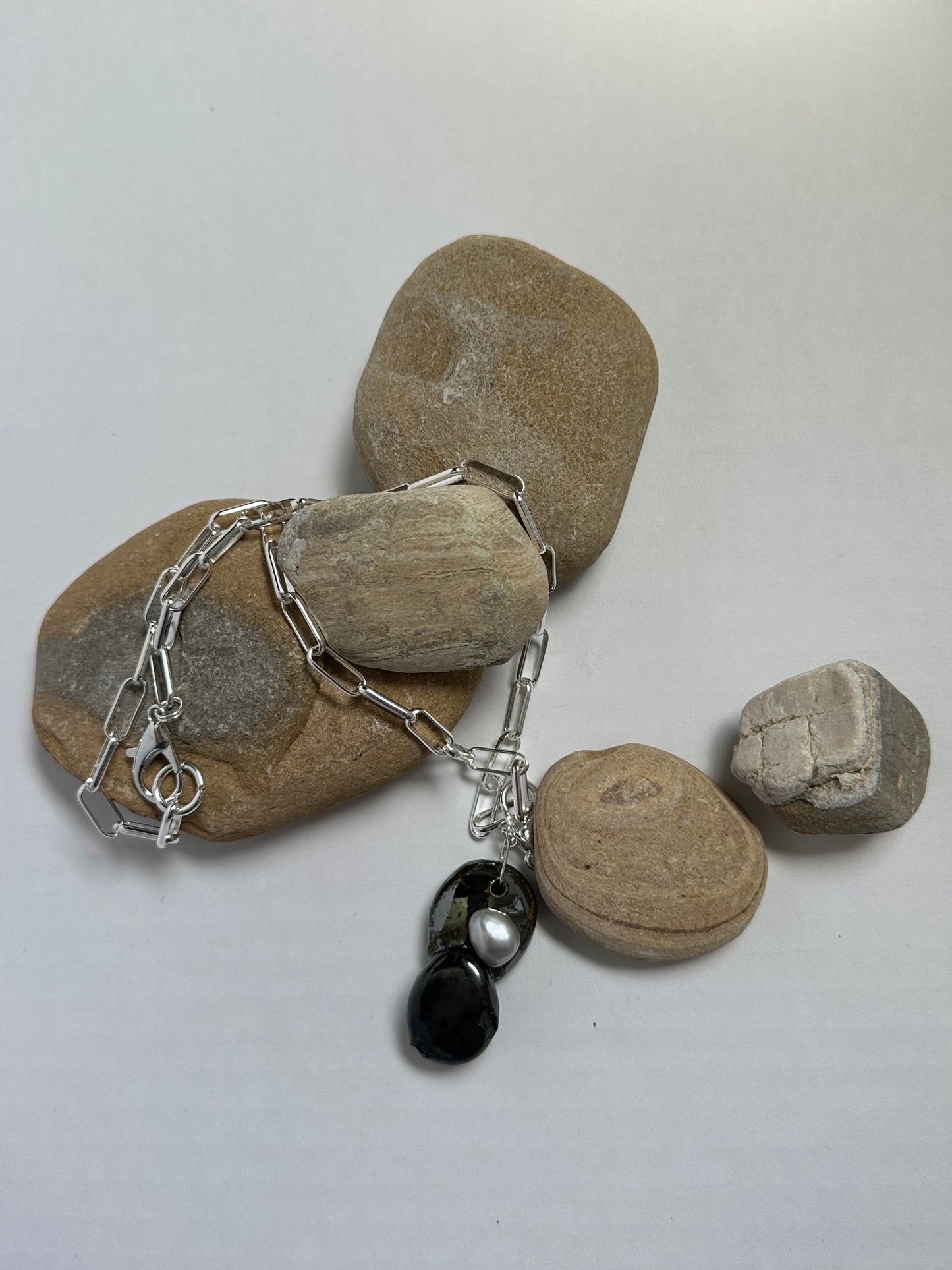 Stacked Ceramic Cobbles & Baroque Pearl Pendant on Silver Paperclip Chain