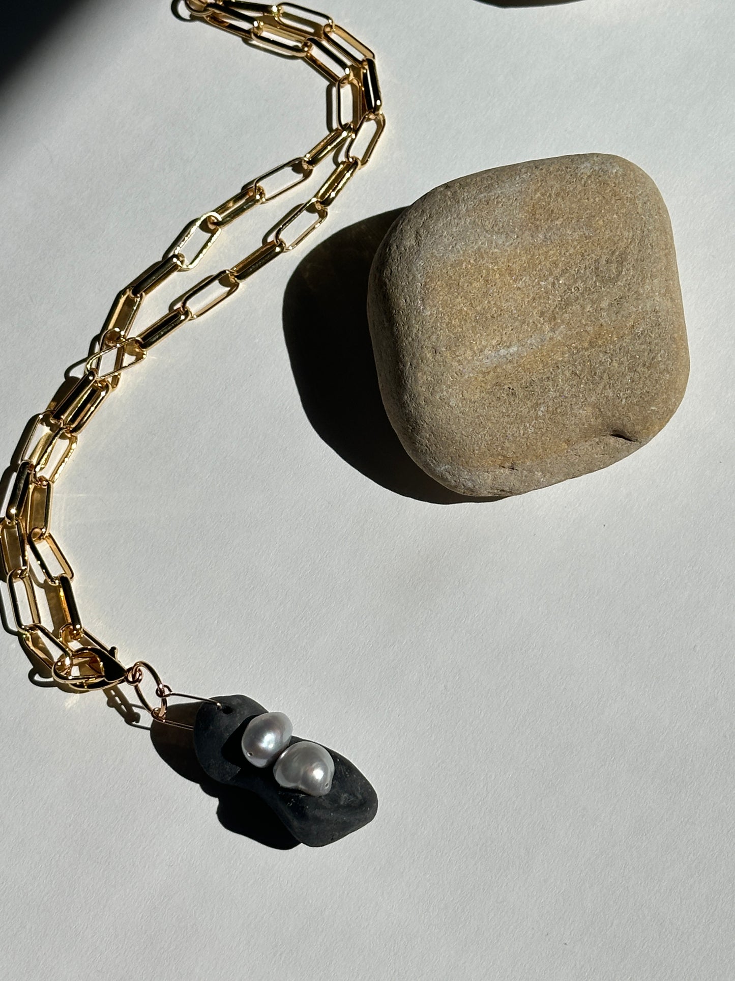 Black Ceramic Form & Baroque Pearl Pendant on Gold Paperclip Chain