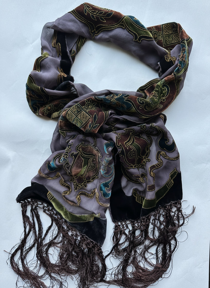 Velvet Burnout Silk-Blend Scarf with Tassel Fringe