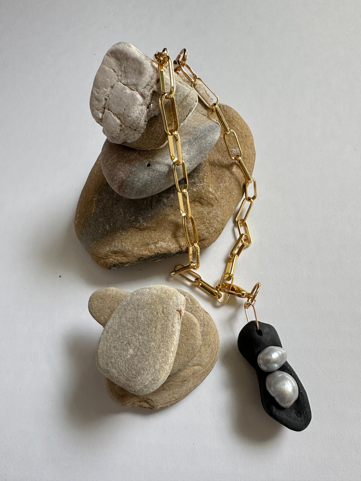 Black Ceramic Form & Baroque Pearl Pendant on Gold Paperclip Chain