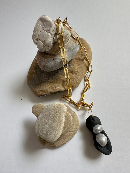 Black Ceramic Form & Baroque Pearl Pendant on Gold Paperclip Chain