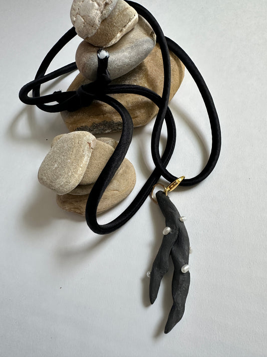 Pearl-Studded Dark Ceramic Driftwood Pendant on Black Silk Cord