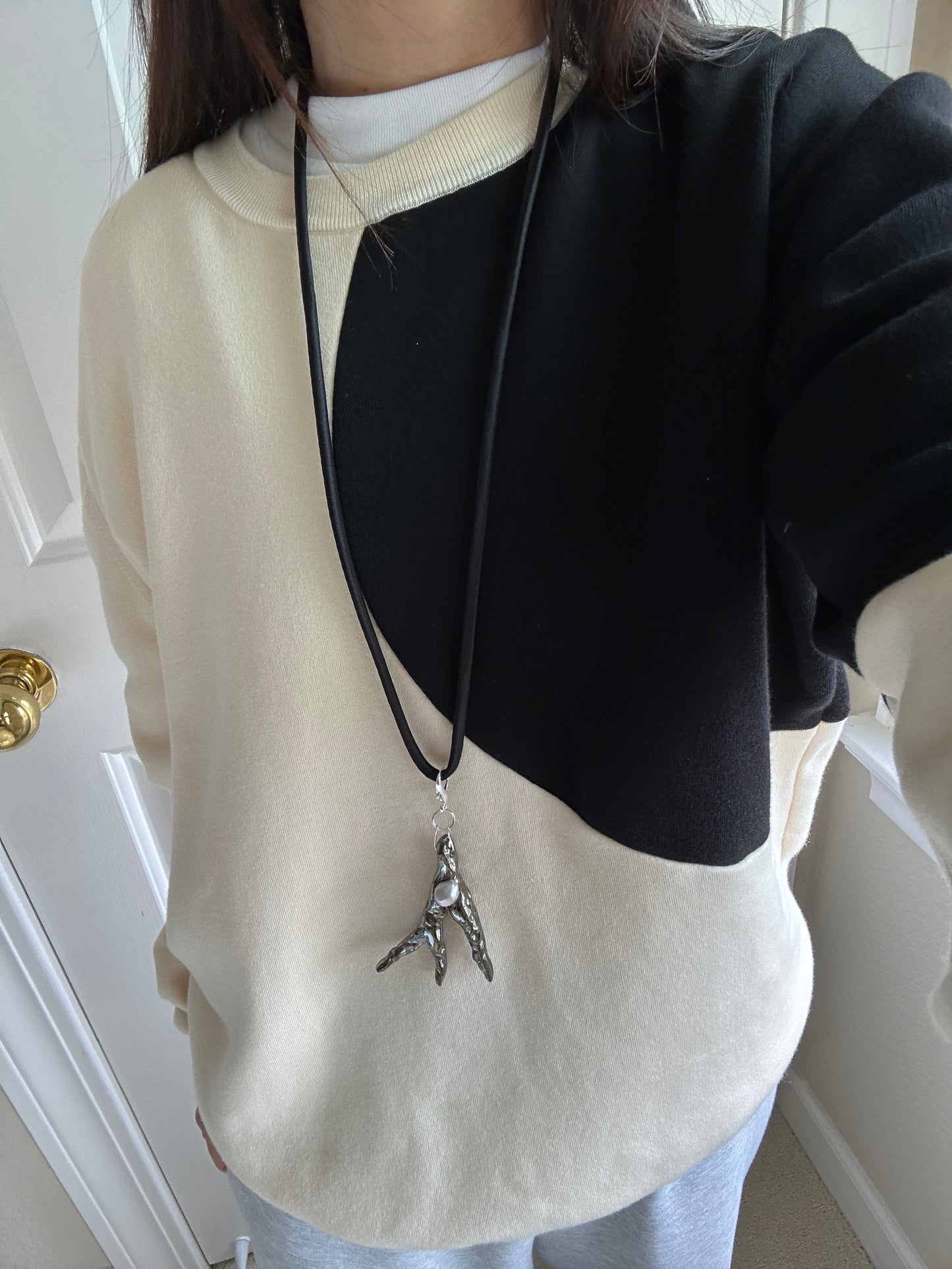 Ceramic Chrome Metalic Driftwood Pendant Necklace With Baroque Pearl on Black Silk Cord