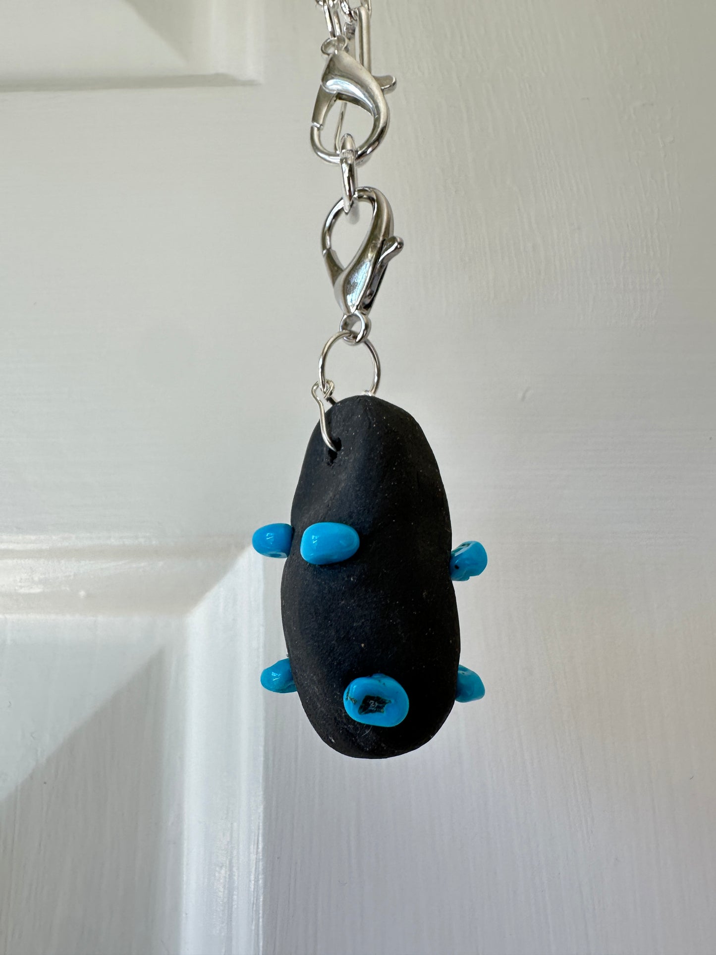 Black Ceramic Form & Turquoise Stone Pendant on Silver Paperclip Chain