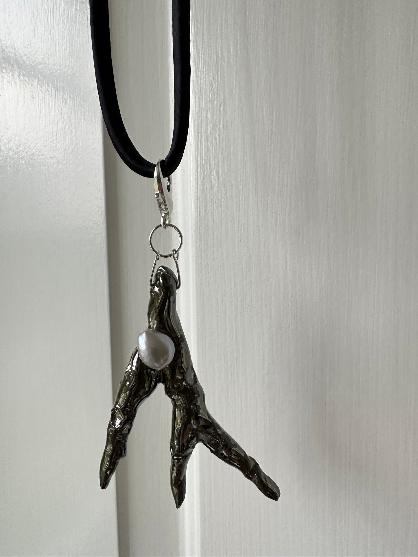 Ceramic Chrome Metalic Driftwood Pendant Necklace With Baroque Pearl on Black Silk Cord