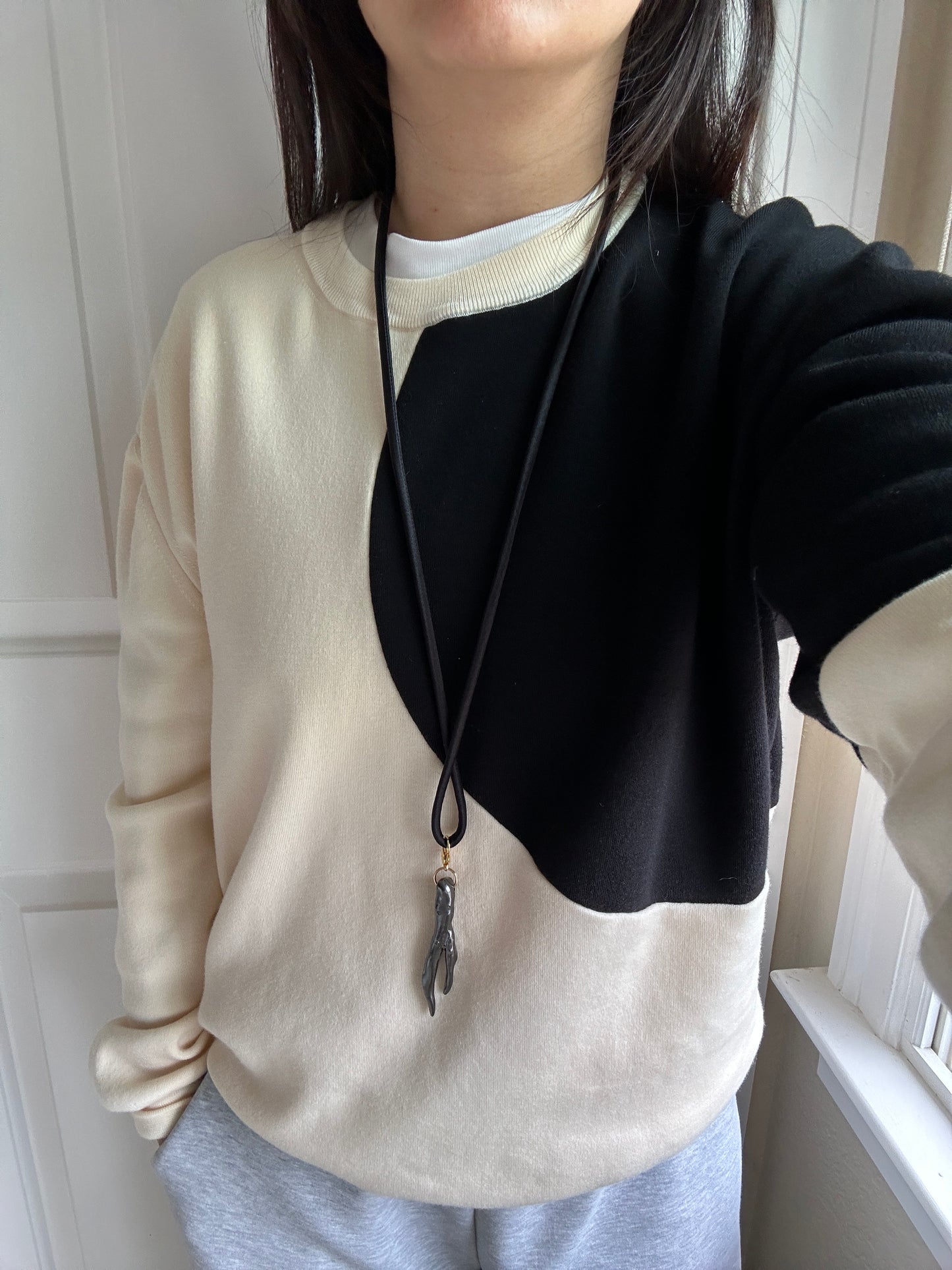 Ceramic Chrome Metalic Driftwood Pendant Necklace on Black Silk Cord