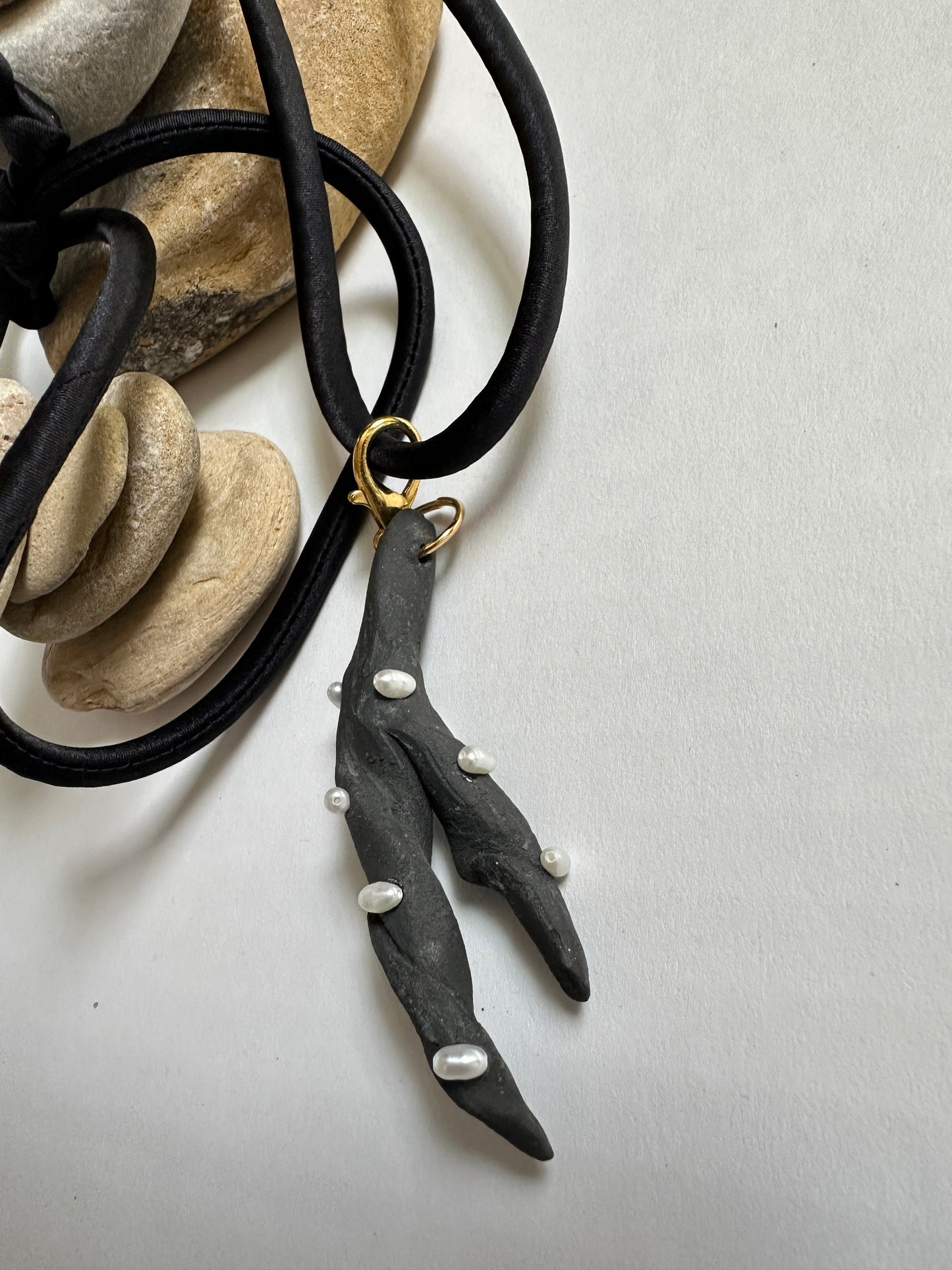 Pearl-Studded Dark Ceramic Driftwood Pendant on Black Silk Cord