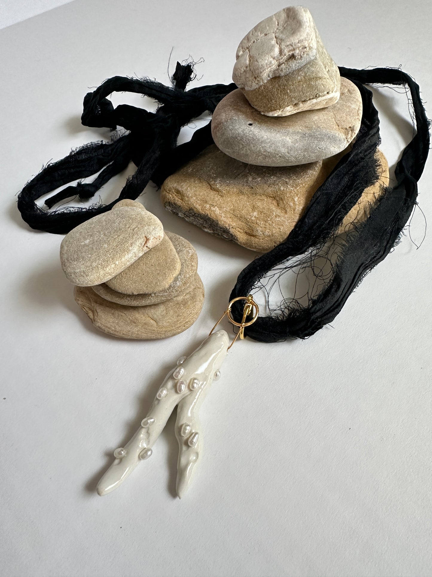 Pearl-Studded Ceramic Driftwood Pendant on Raw Silk Cord