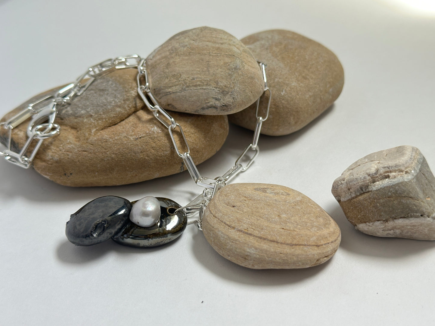 Stacked Ceramic Cobbles & Baroque Pearl Pendant on Silver Paperclip Chain