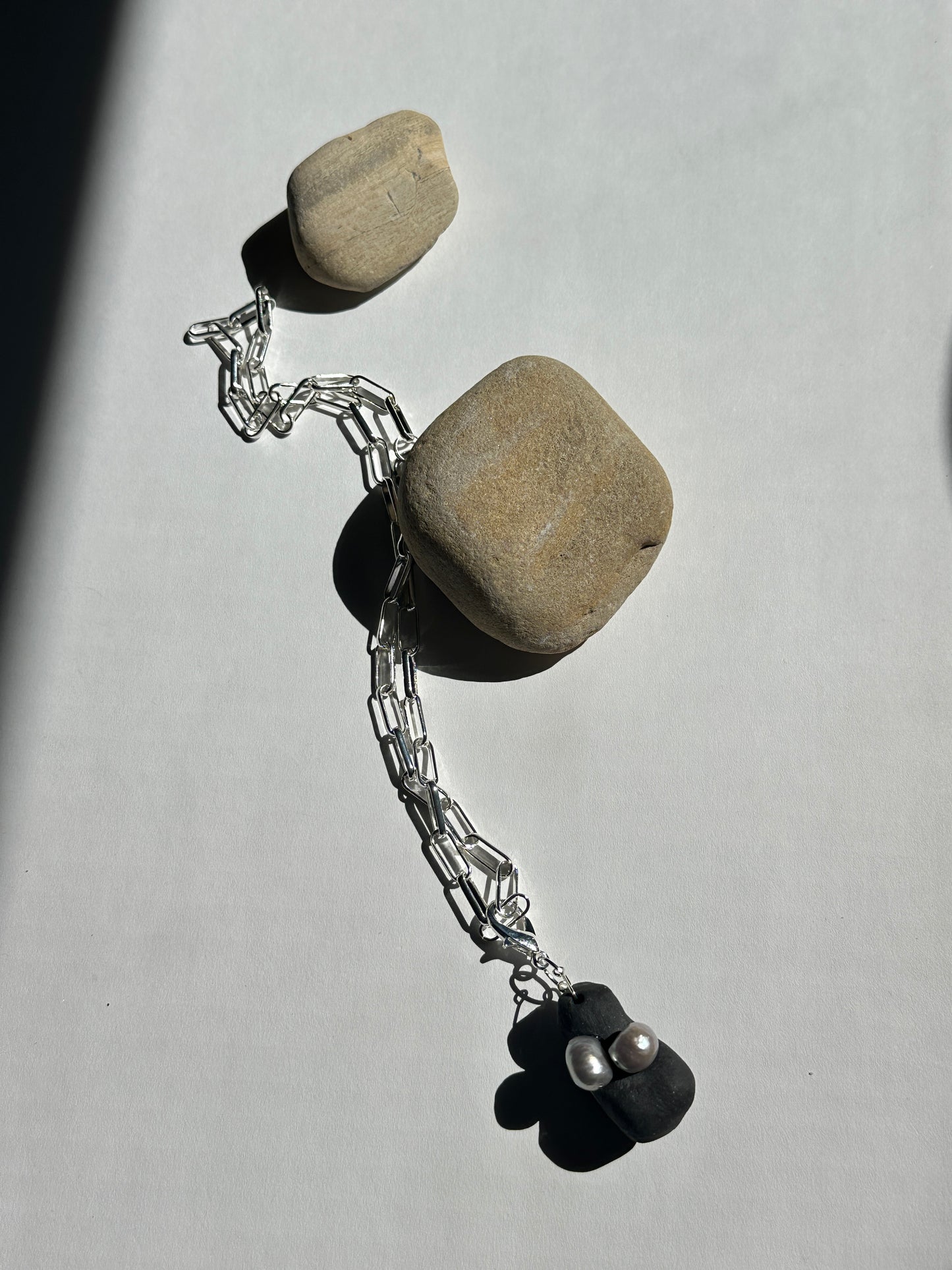 Black Ceramic Form & Pearl Pendant on Silver Paperclip Chain