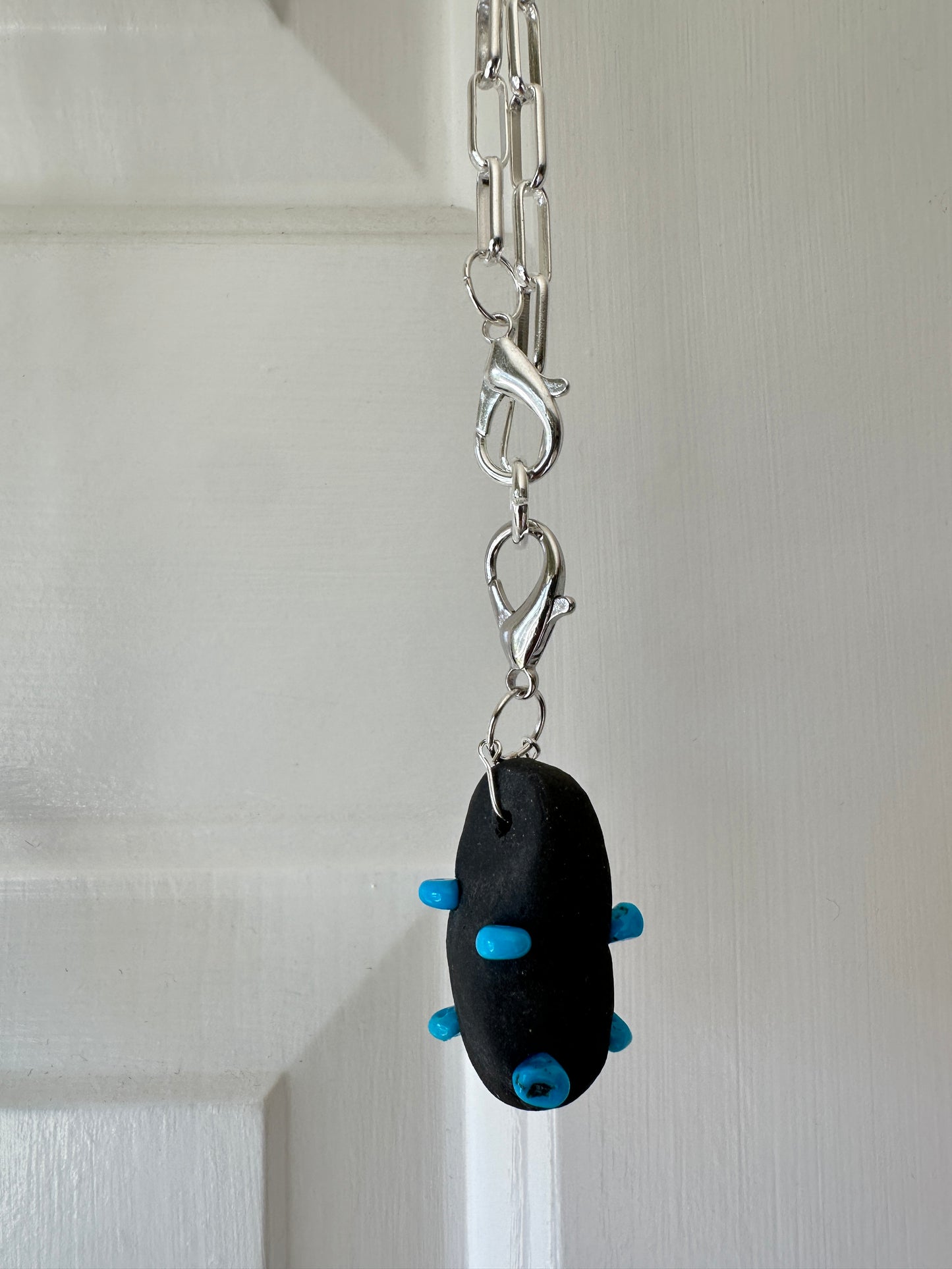 Black Ceramic Form & Turquoise Stone Pendant on Silver Paperclip Chain