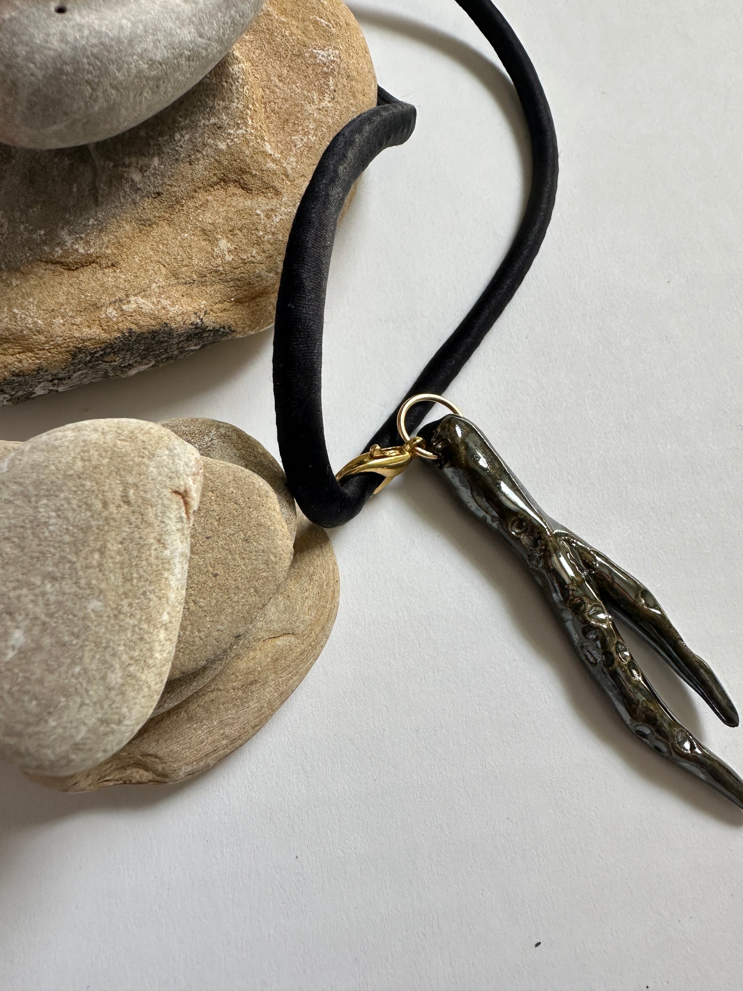 Ceramic Chrome Metalic Driftwood Pendant Necklace on Black Silk Cord