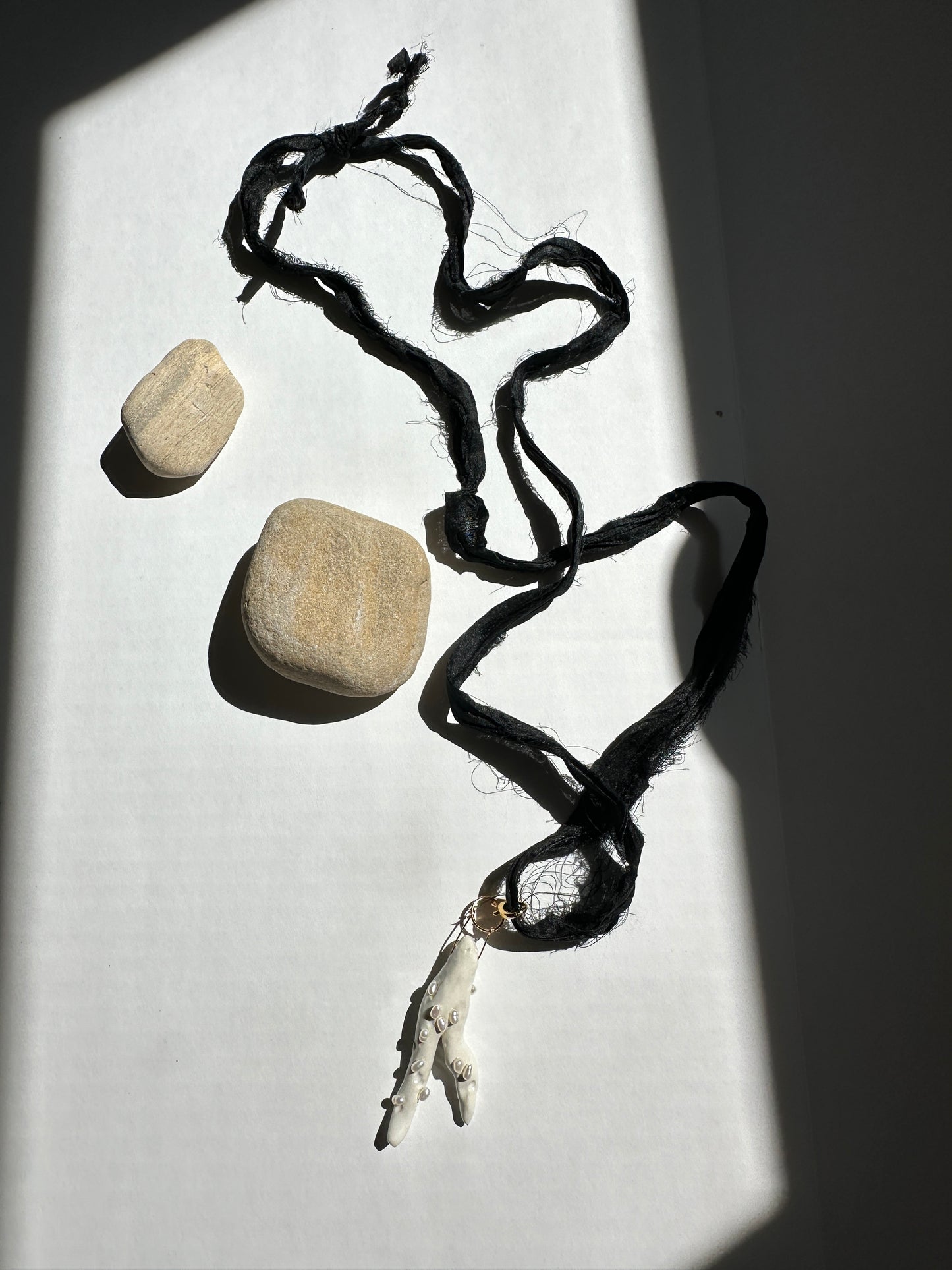 Pearl-Studded Ceramic Driftwood Pendant on Raw Silk Cord