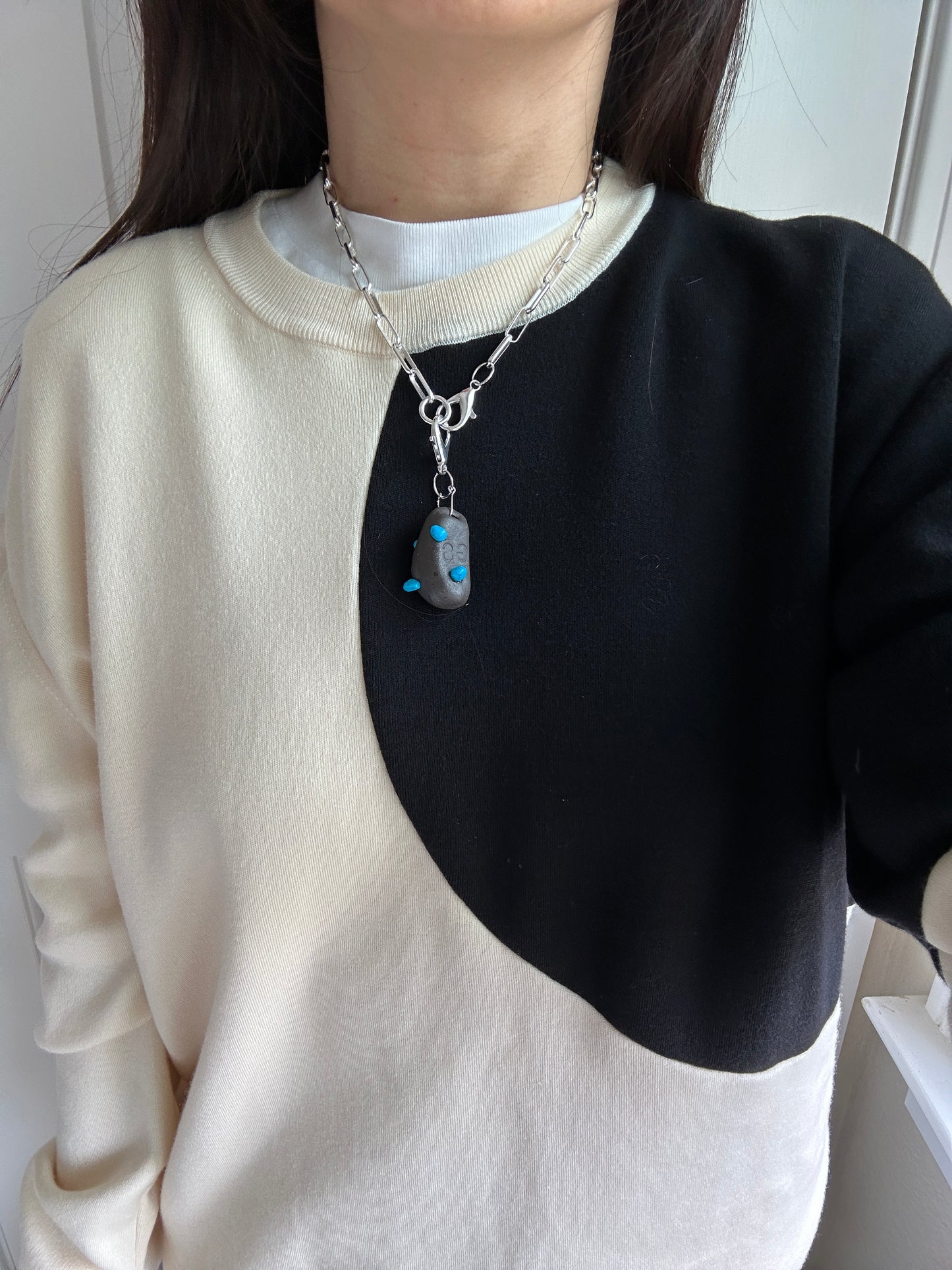 Black Ceramic Form & Turquoise Stone Pendant on Silver Paperclip Chain