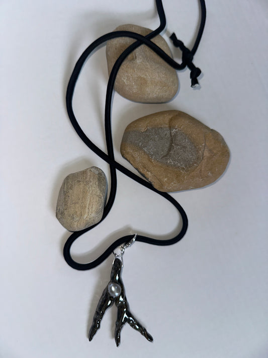 Ceramic Chrome Metalic Driftwood Pendant Necklace With Baroque Pearl on Black Silk Cord