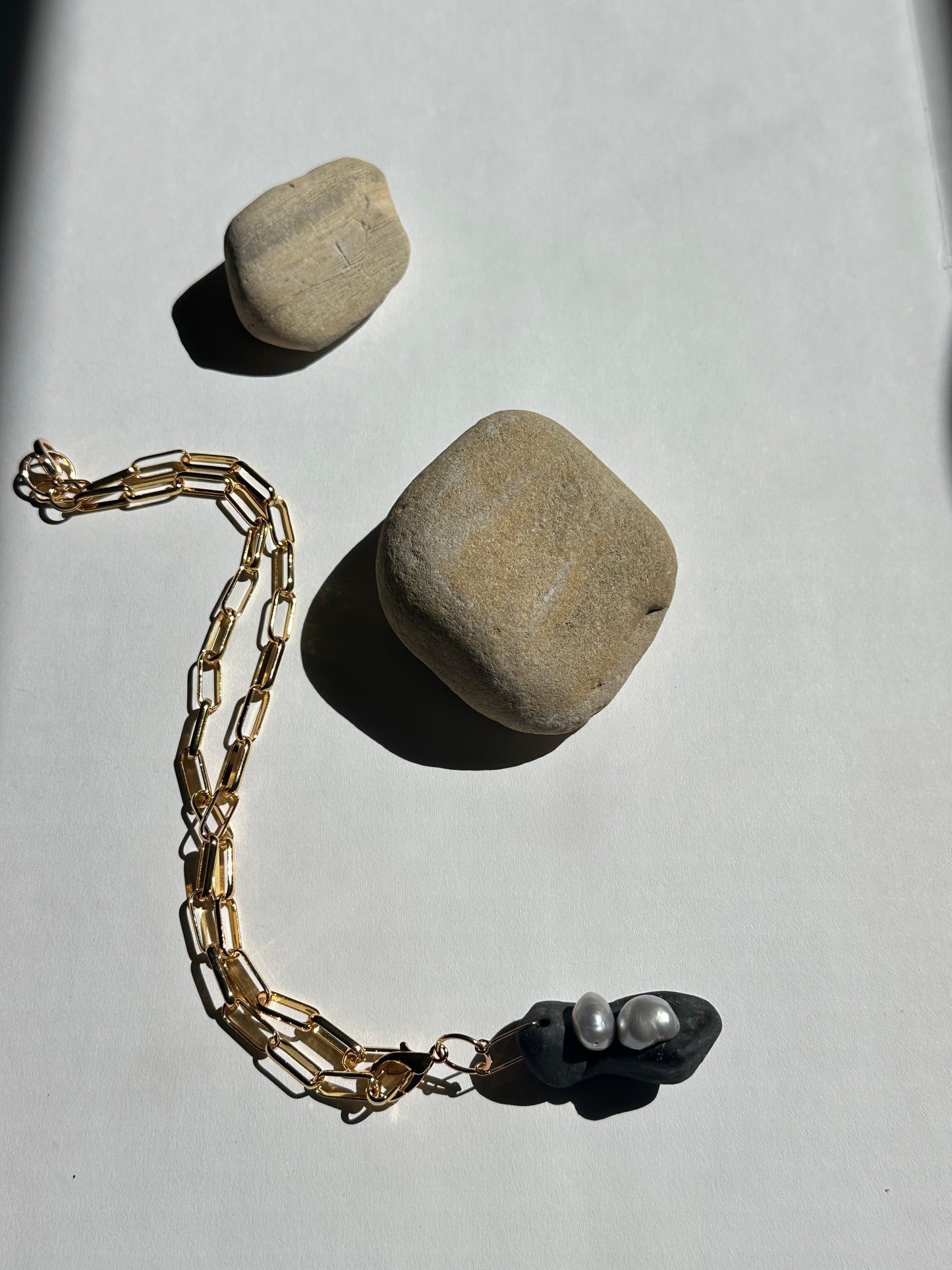Black Ceramic Form & Baroque Pearl Pendant on Gold Paperclip Chain