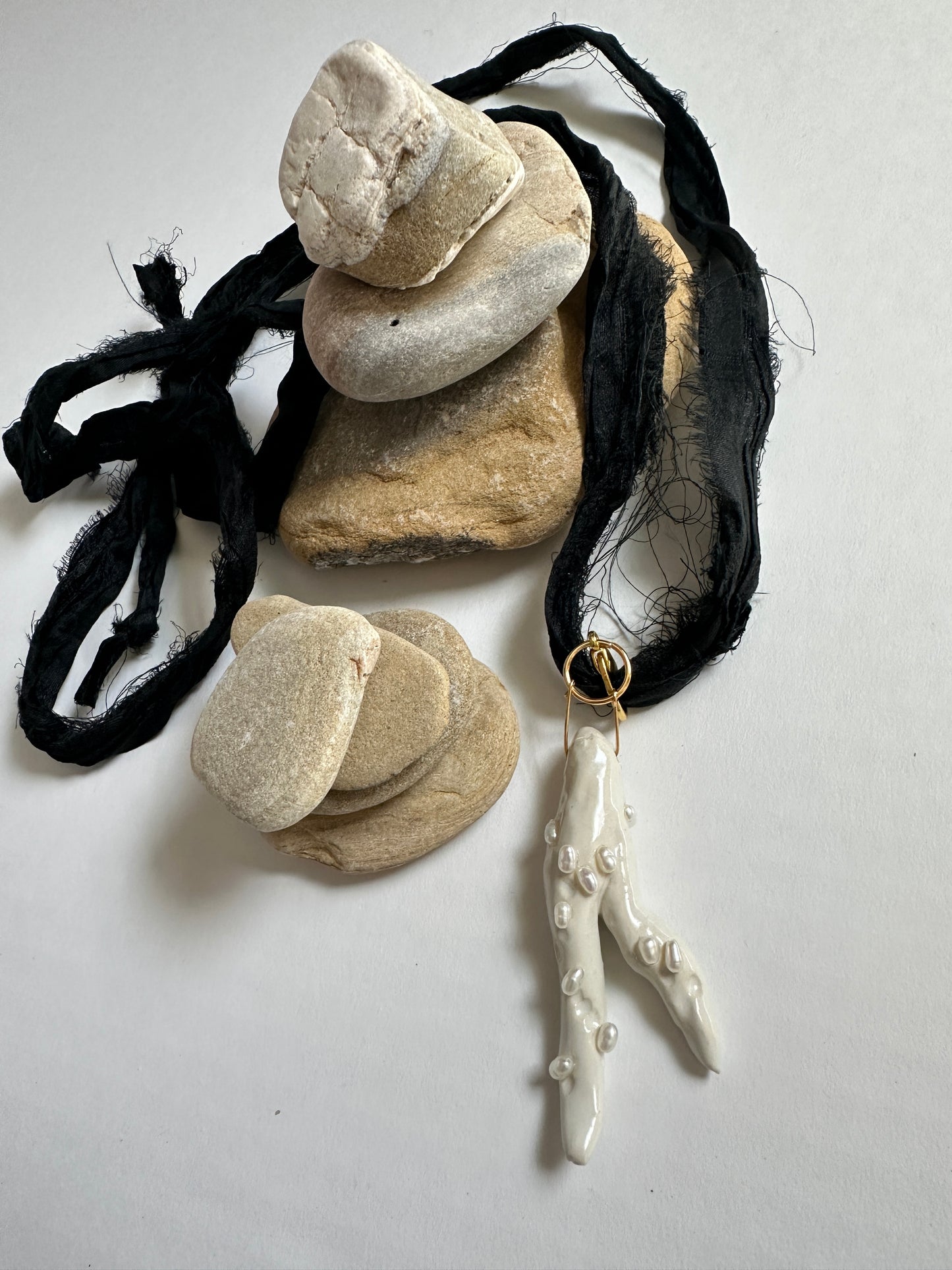 Pearl-Studded Ceramic Driftwood Pendant on Raw Silk Cord