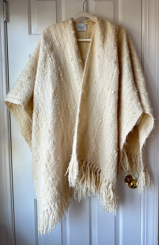 Mohair Wool Hand Loomed Shawl, Ruana, Blanket Wrap by Tierra Wools Original in White Cream