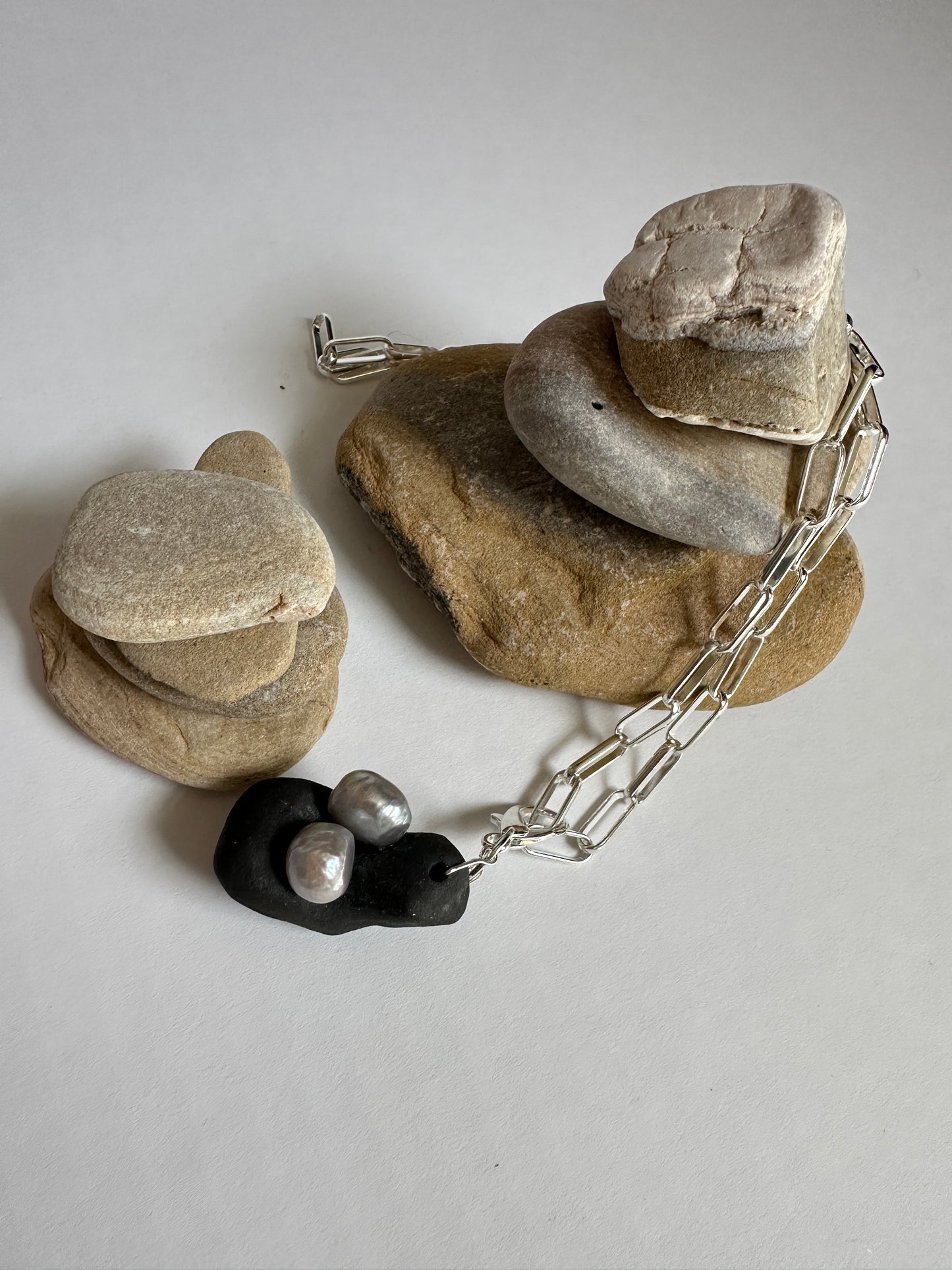 Black Ceramic Form & Pearl Pendant on Silver Paperclip Chain