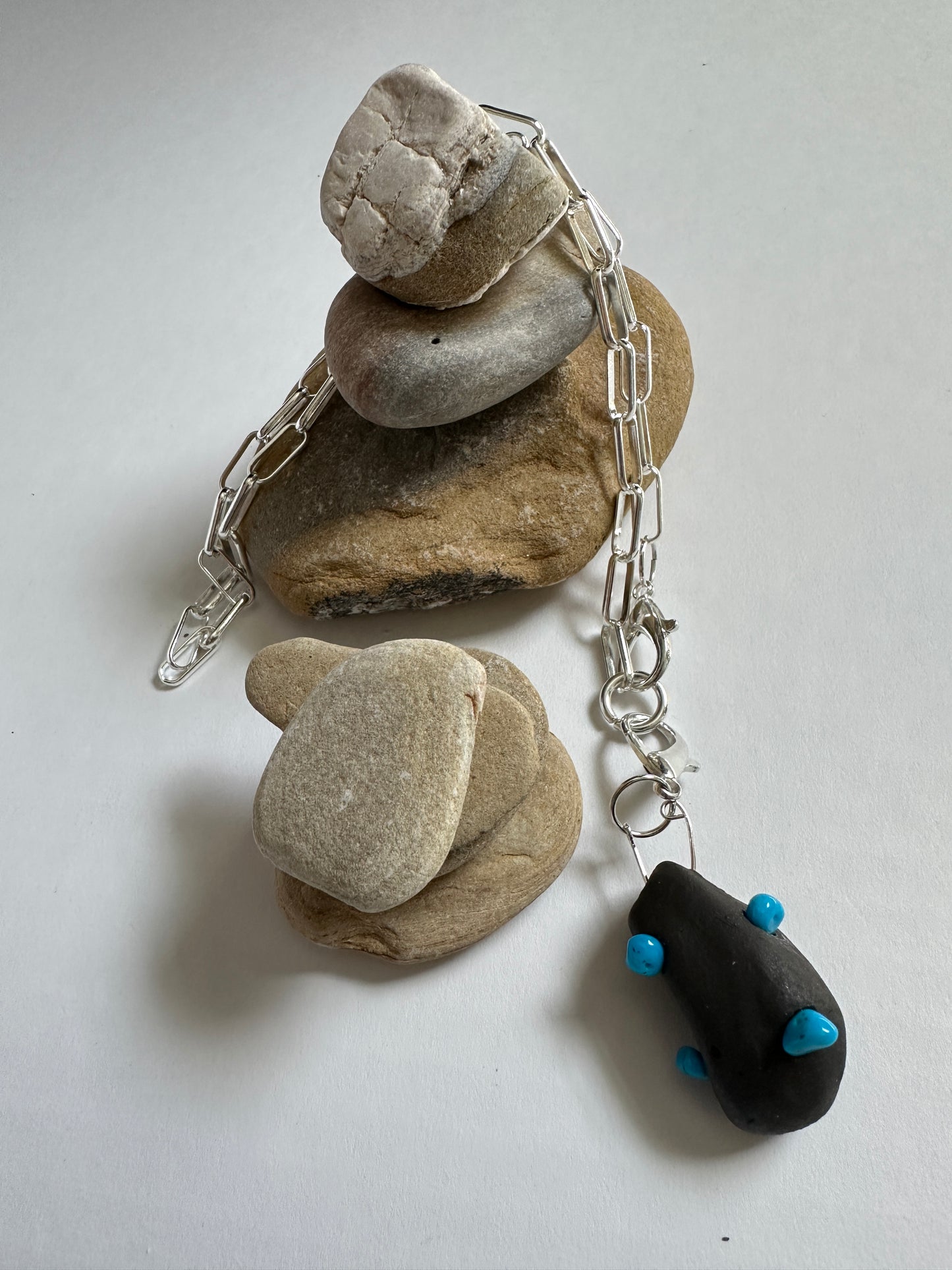Black Ceramic Form & Turquoise Stone Pendant on Silver Paperclip Chain