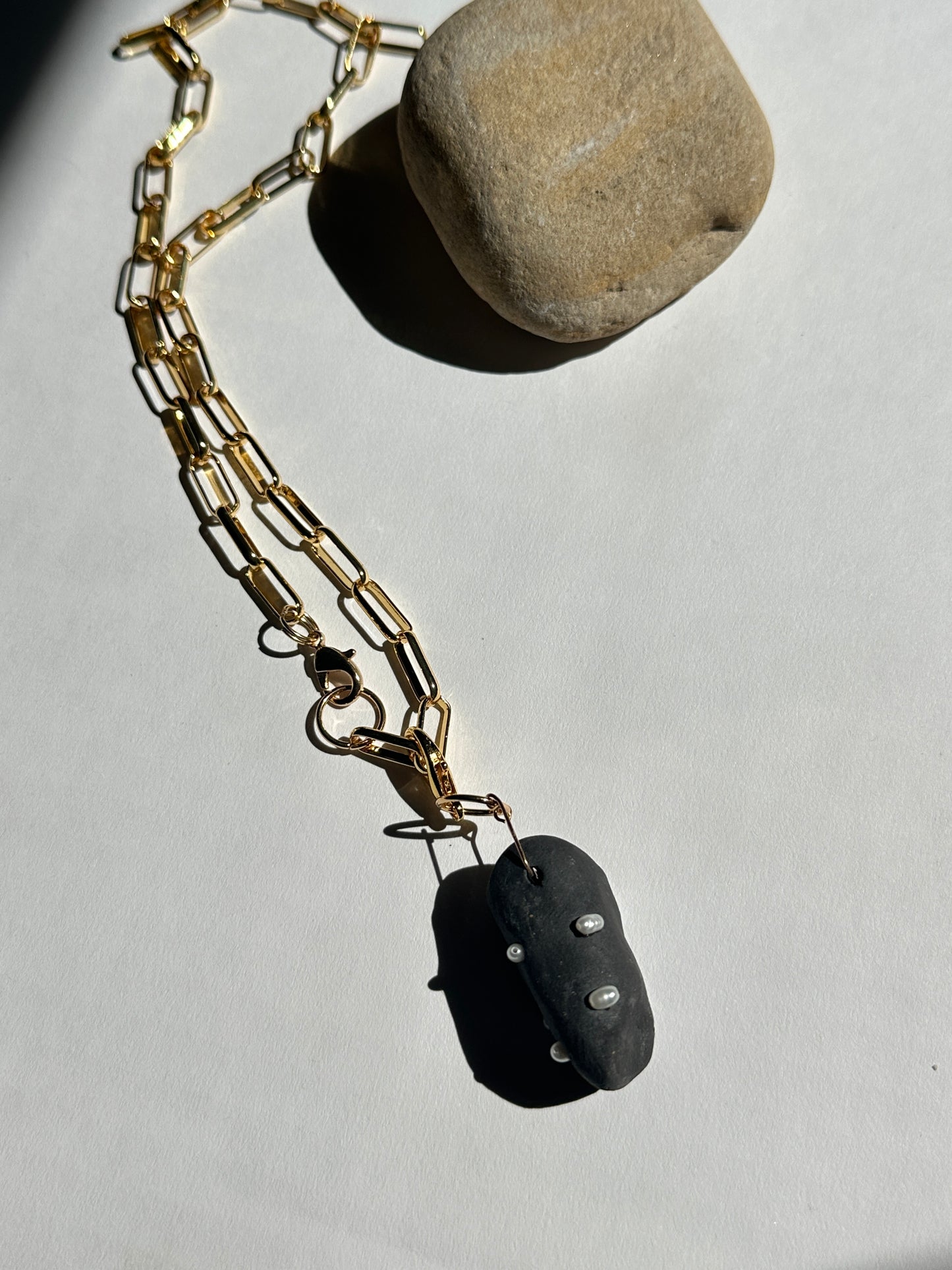 Black Ceramic Form & Small Pearl Pendant on Gold Paperclip Chain