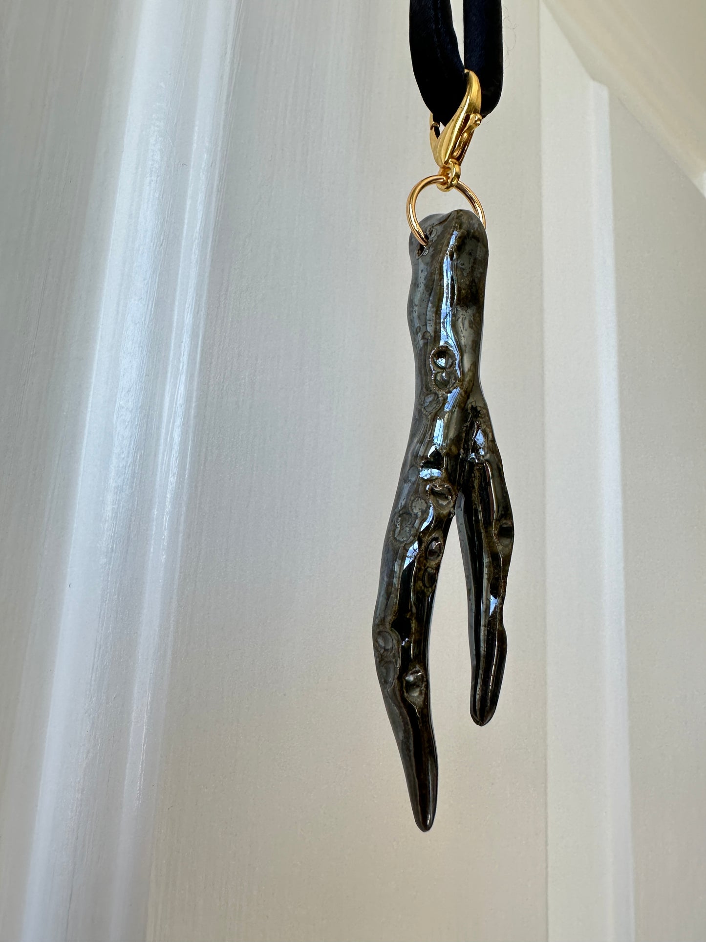 Ceramic Chrome Metalic Driftwood Pendant Necklace on Black Silk Cord