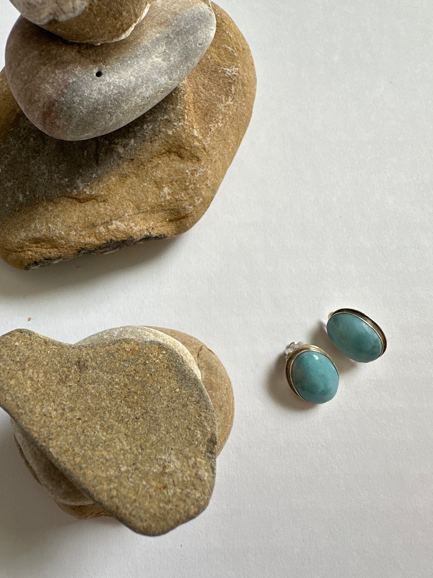 Vintage Larimar Oval Cabochon Sterling Silver Stud Earrings