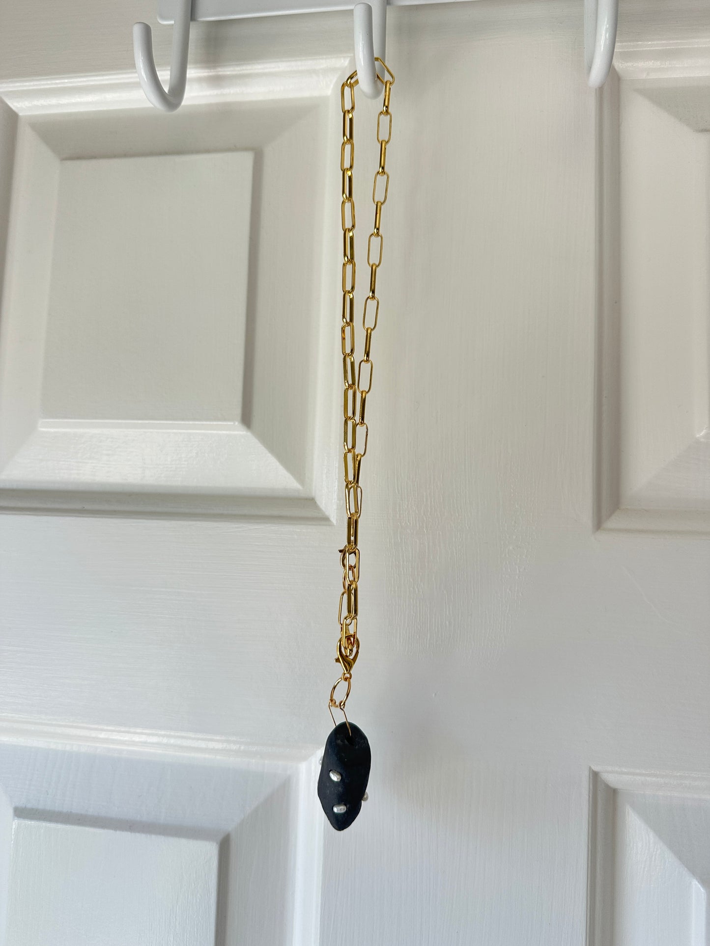 Black Ceramic Form & Small Pearl Pendant on Gold Paperclip Chain