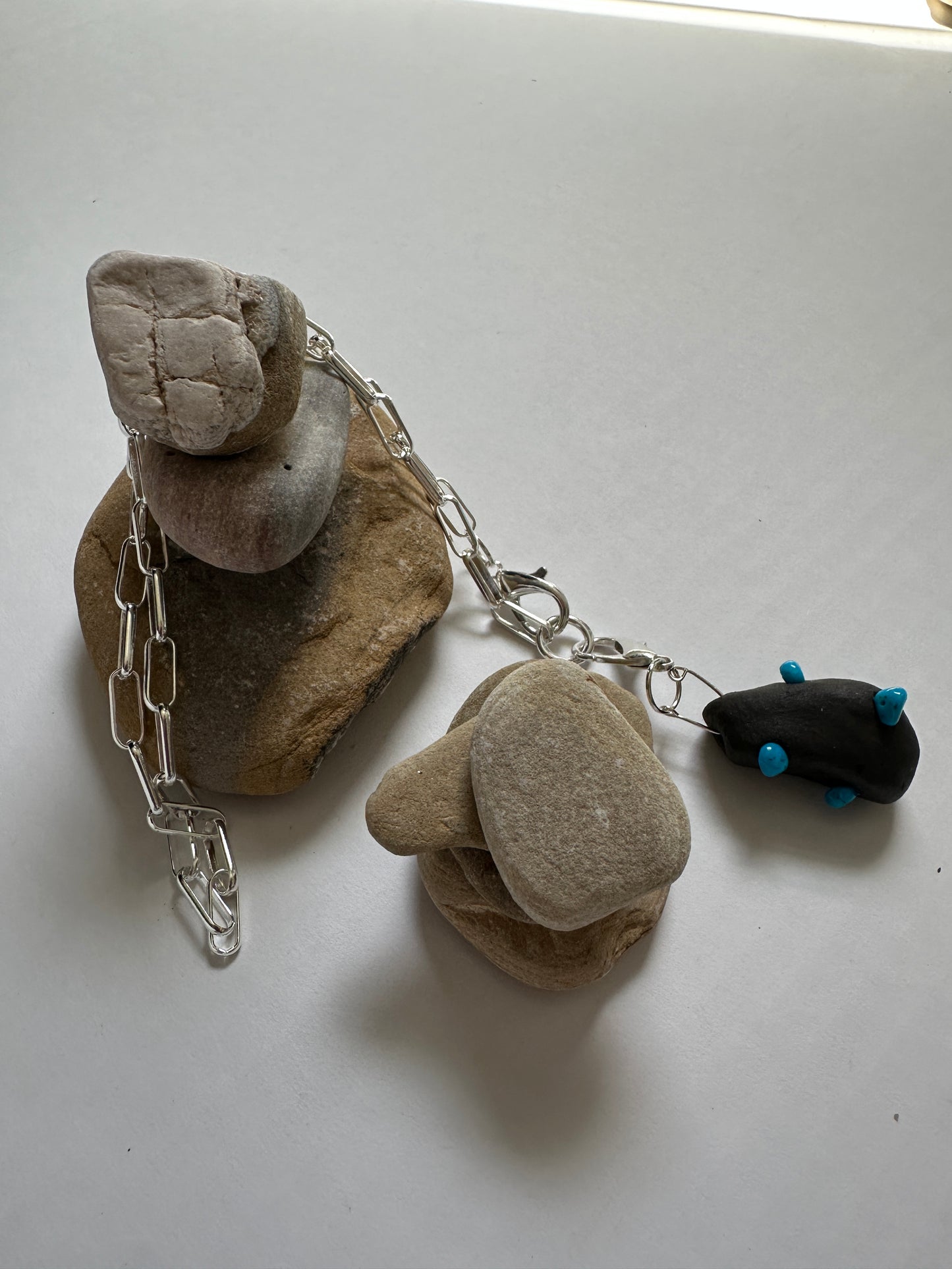 Black Ceramic Form & Turquoise Stone Pendant on Silver Paperclip Chain