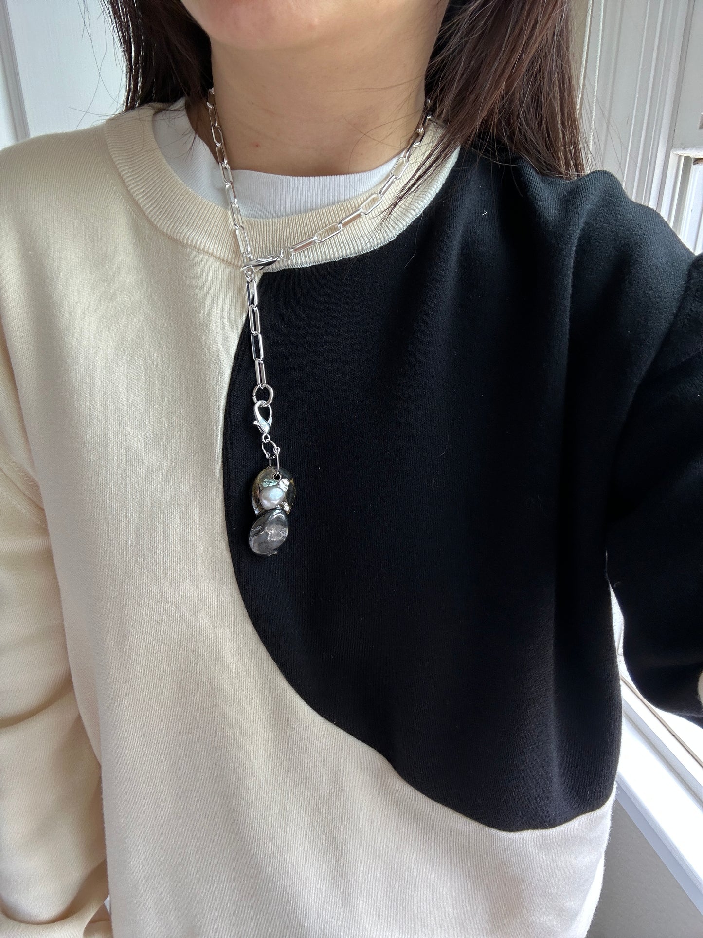 Stacked Ceramic Cobbles & Baroque Pearl Pendant on Silver Paperclip Chain