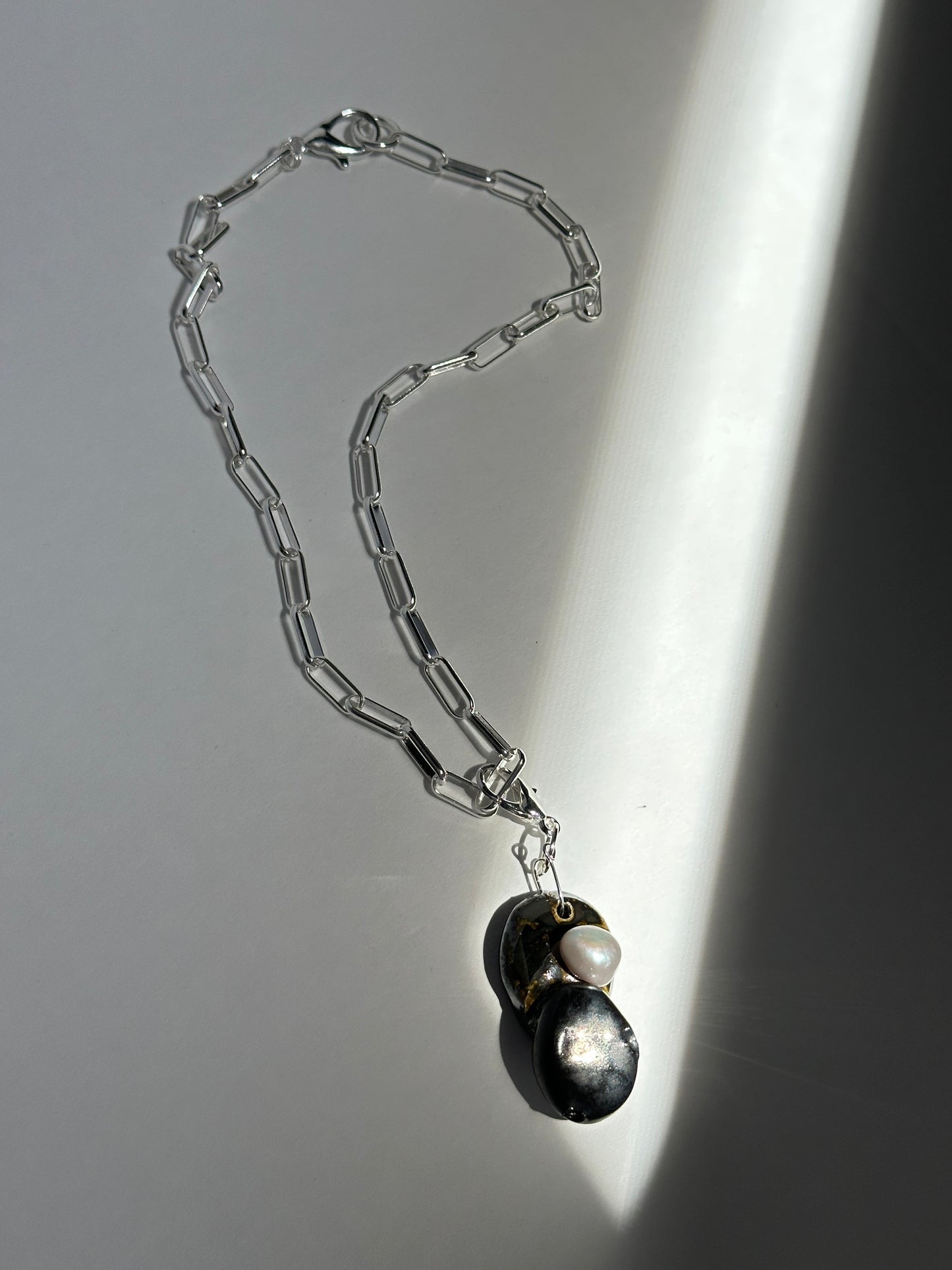 Stacked Ceramic Cobbles & Baroque Pearl Pendant on Silver Paperclip Chain