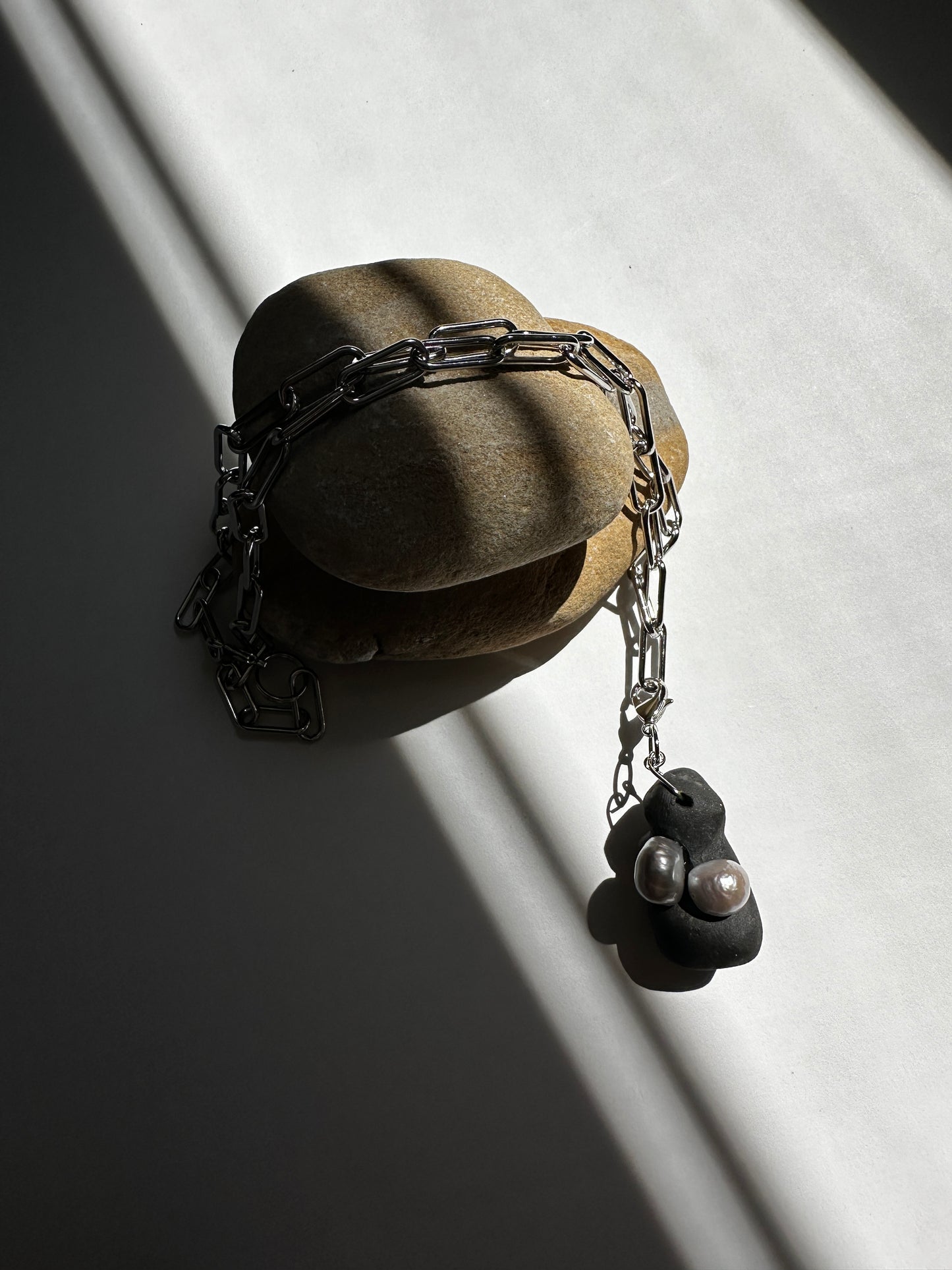 Black Ceramic Form & Pearl Pendant on Silver Paperclip Chain