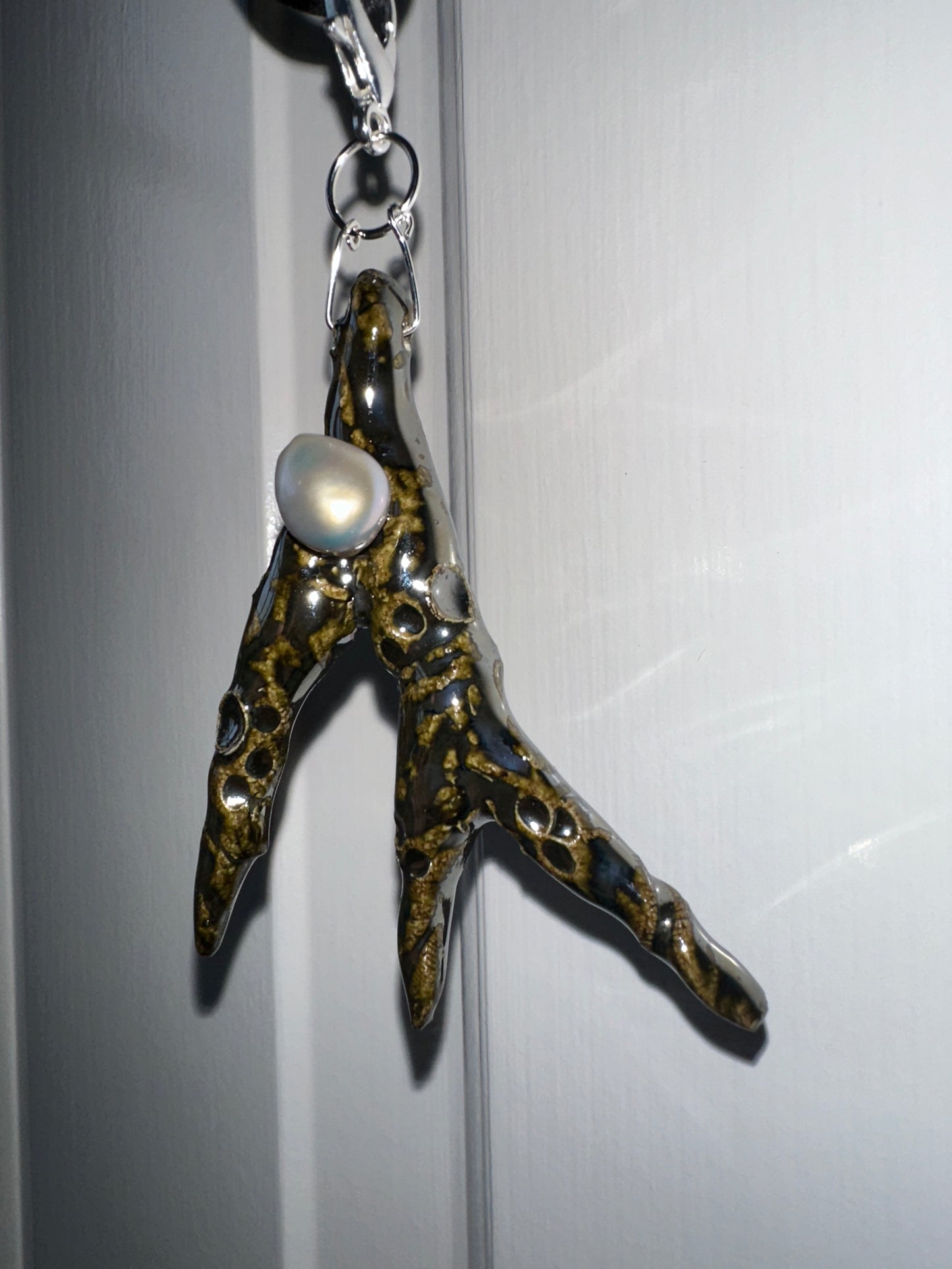 Ceramic Chrome Metalic Driftwood Pendant Necklace With Baroque Pearl on Black Silk Cord