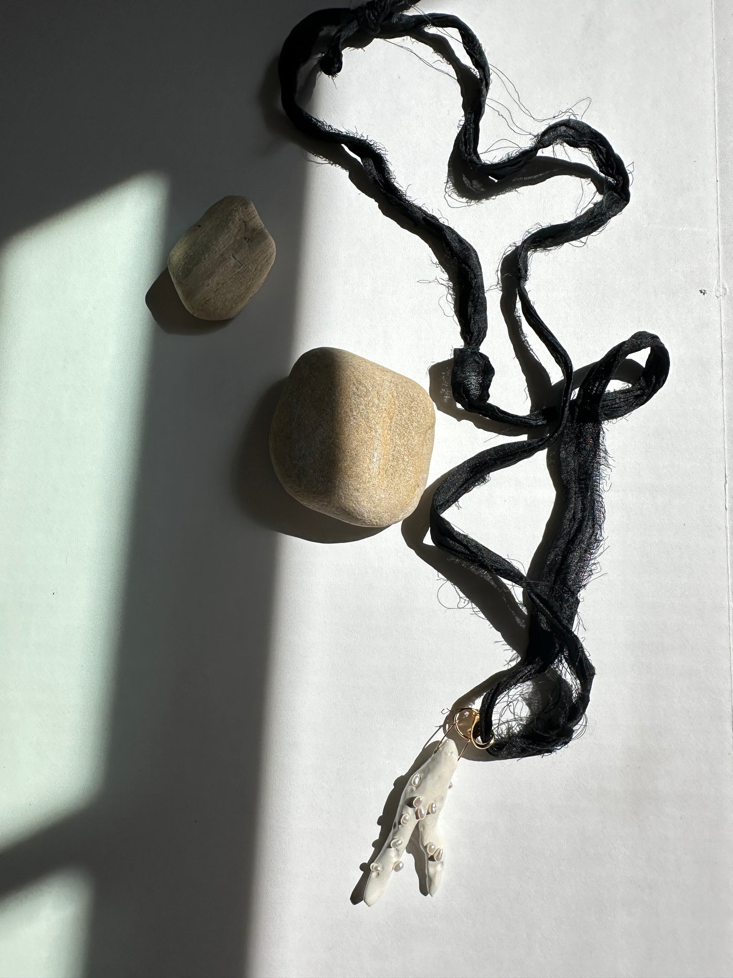 Pearl-Studded Ceramic Driftwood Pendant on Raw Silk Cord