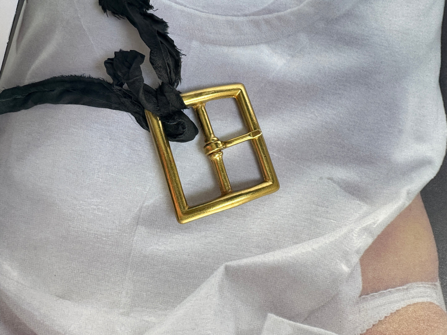 Artisanal Belt Buckle Pendant Necklace on Silk Sari Cord in Black