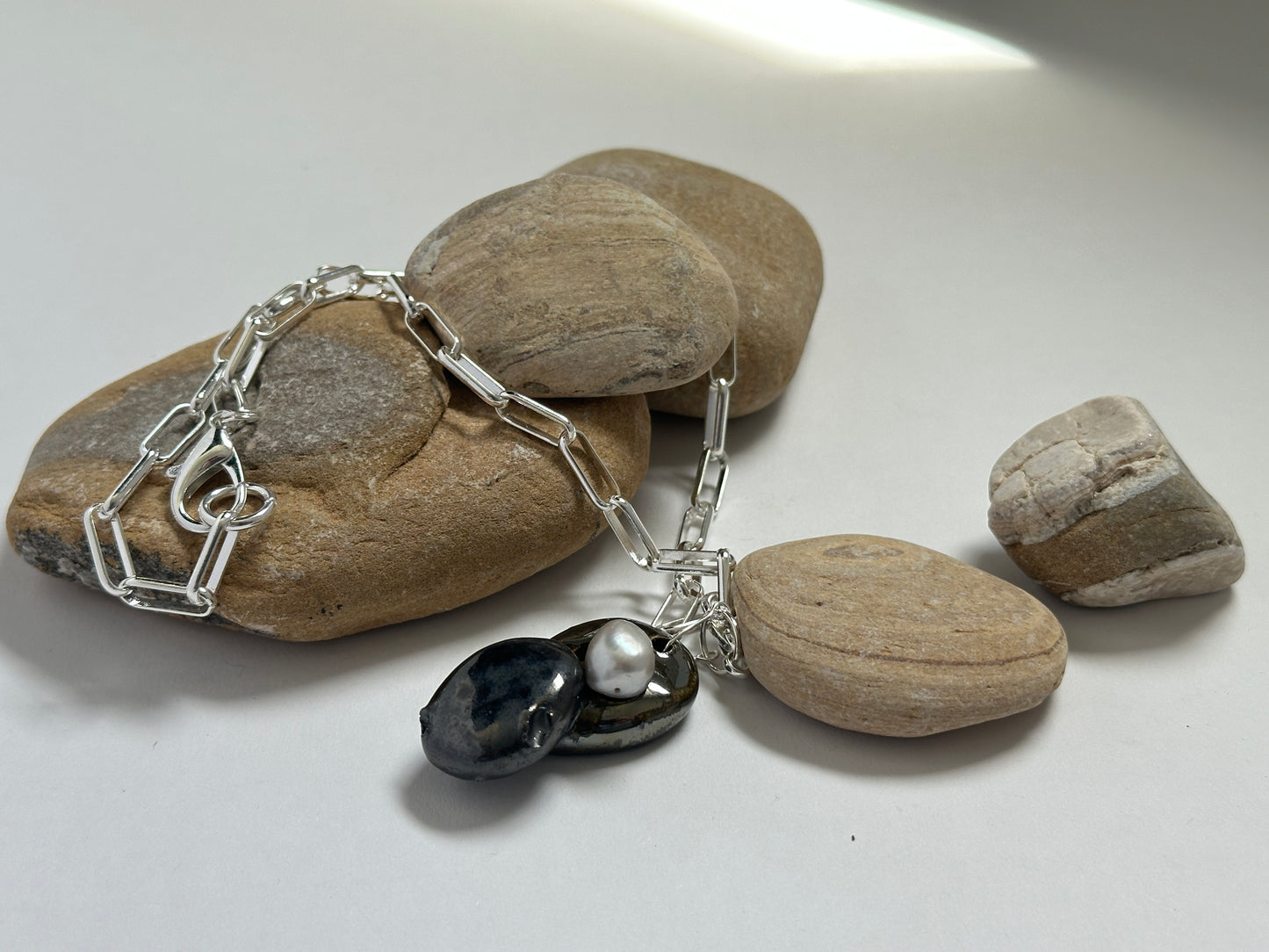 Stacked Ceramic Cobbles & Baroque Pearl Pendant on Silver Paperclip Chain