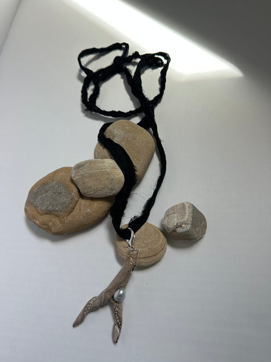 Taupe Ceramic Driftwood & Baroque Pearl Pendant on Raw Silk Cord