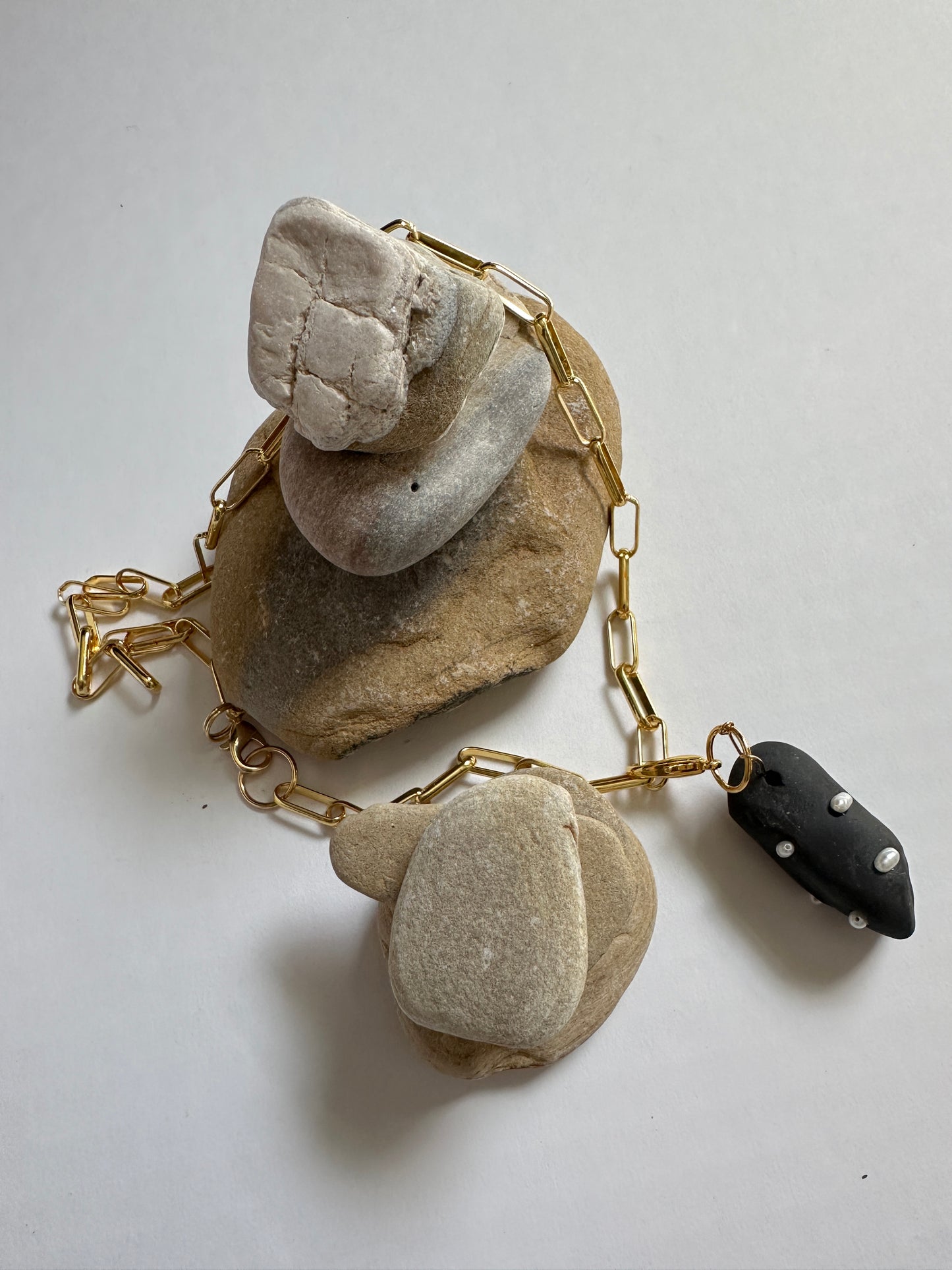 Black Ceramic Form & Small Pearl Pendant on Gold Paperclip Chain