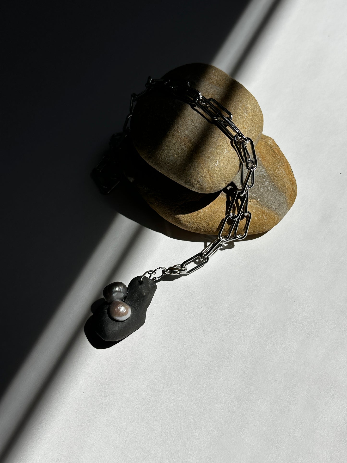 Black Ceramic Form & Pearl Pendant on Silver Paperclip Chain
