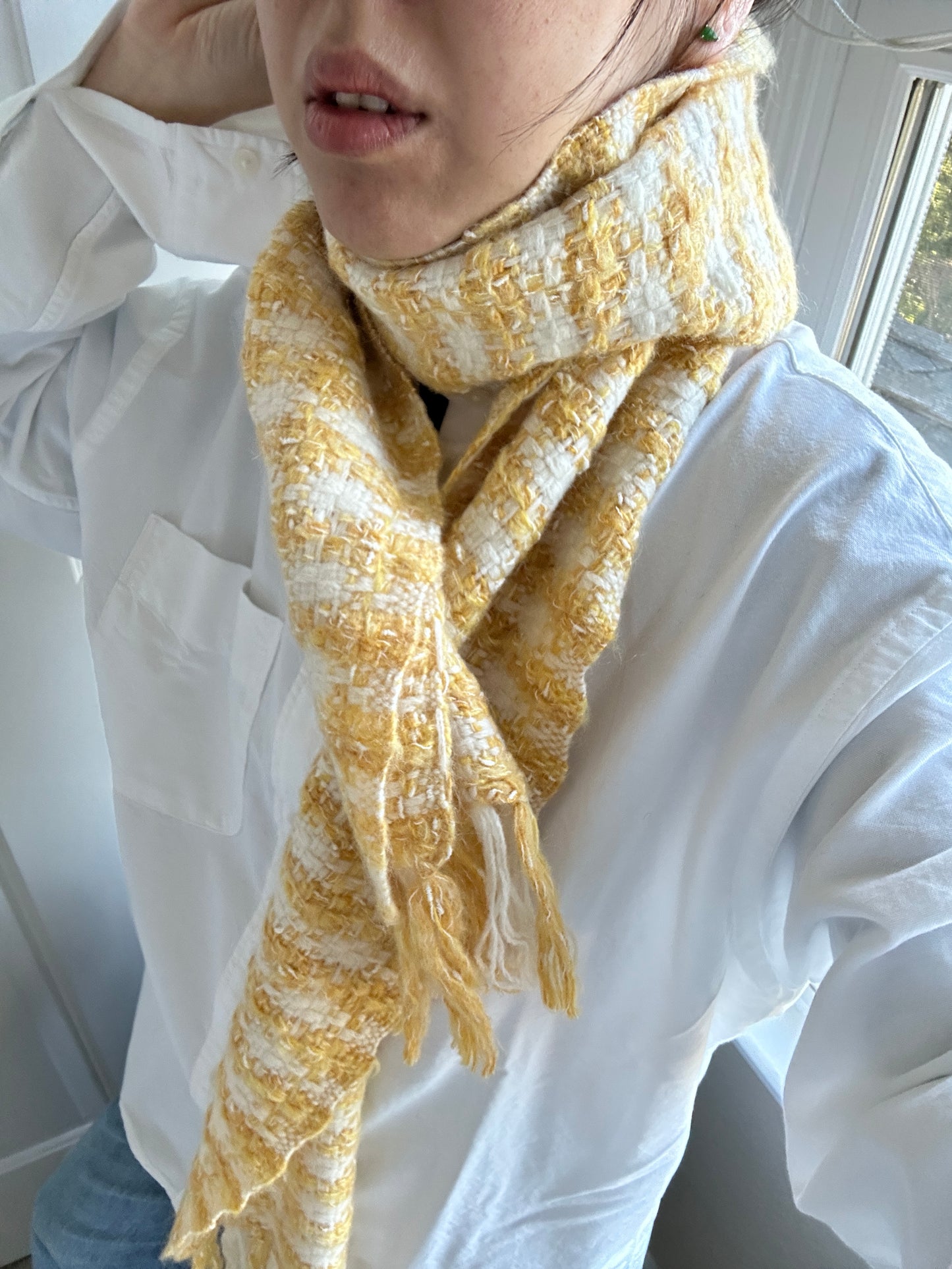 Yellow and white check wool scarf