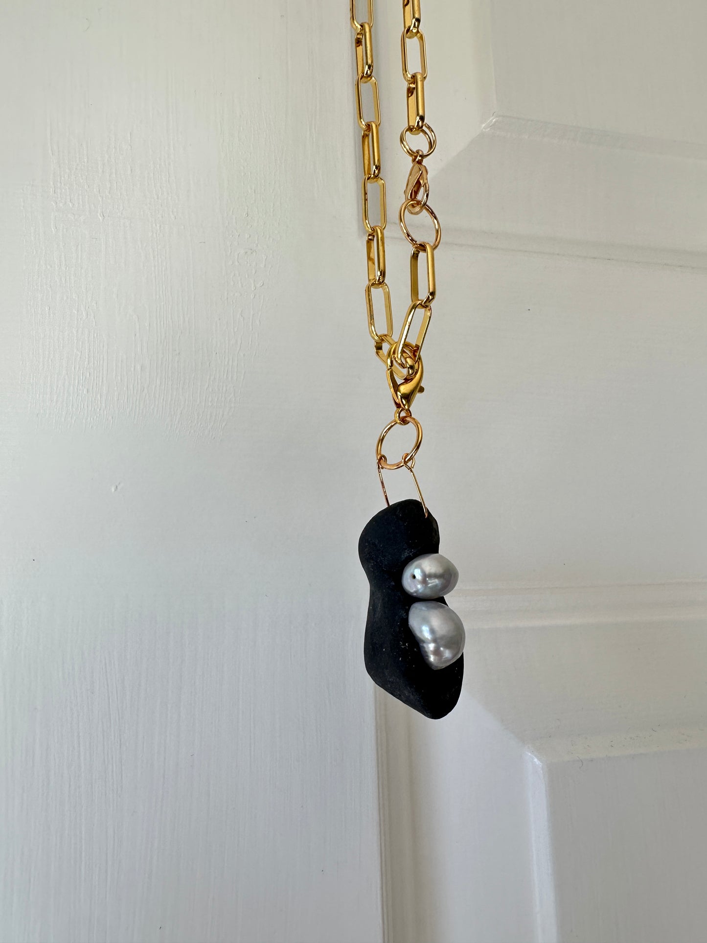 Black Ceramic Form & Baroque Pearl Pendant on Gold Paperclip Chain