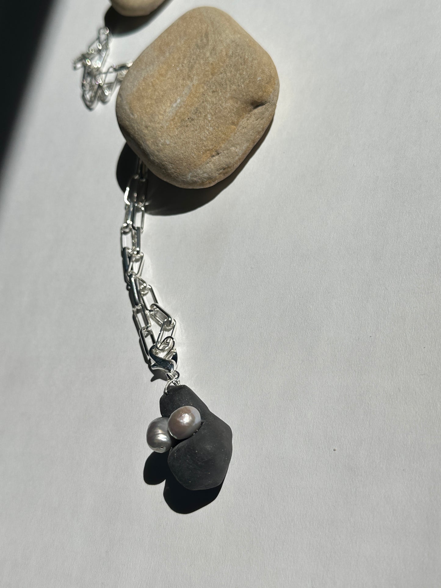 Black Ceramic Form & Pearl Pendant on Silver Paperclip Chain