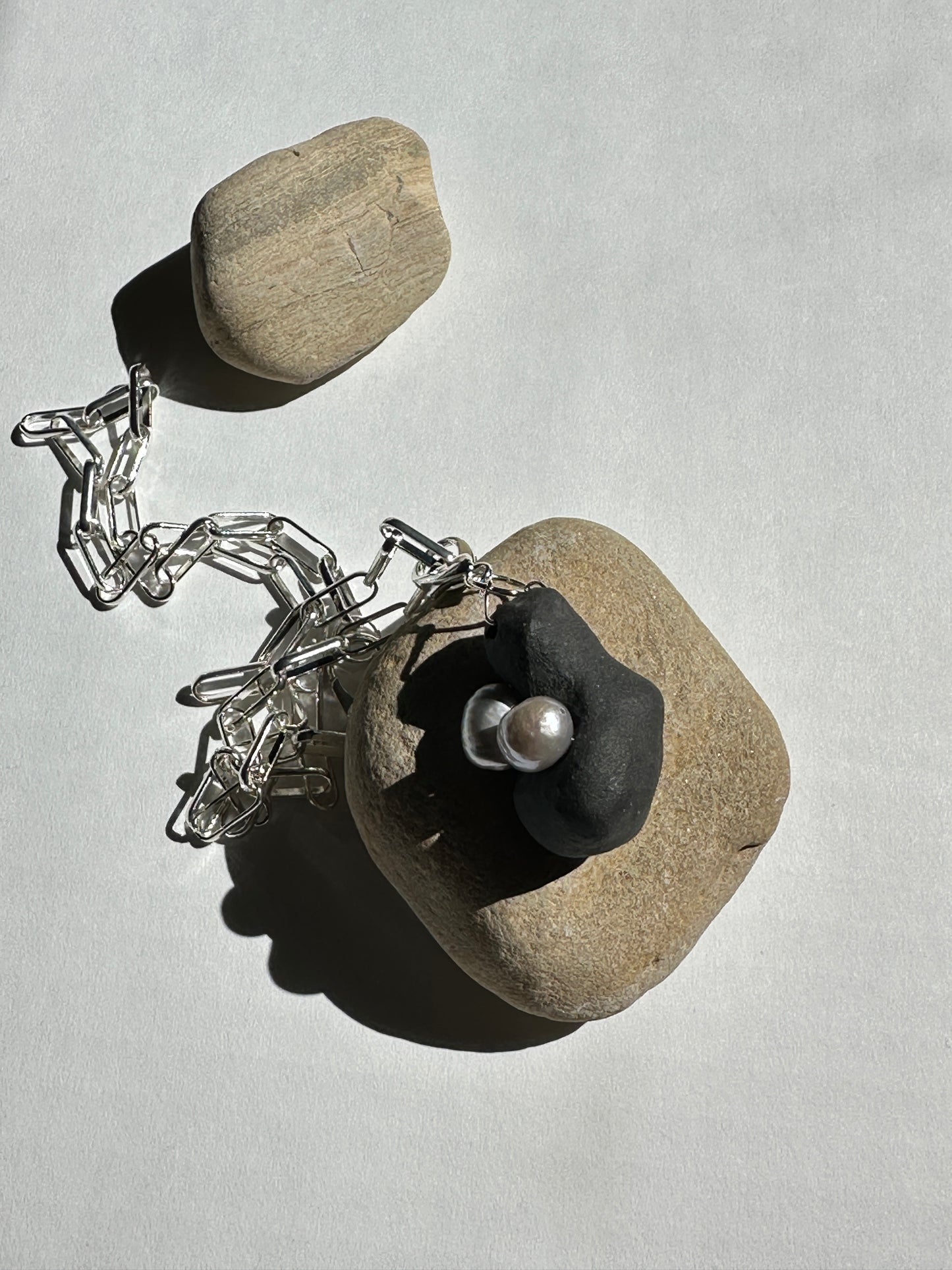 Black Ceramic Form & Pearl Pendant on Silver Paperclip Chain